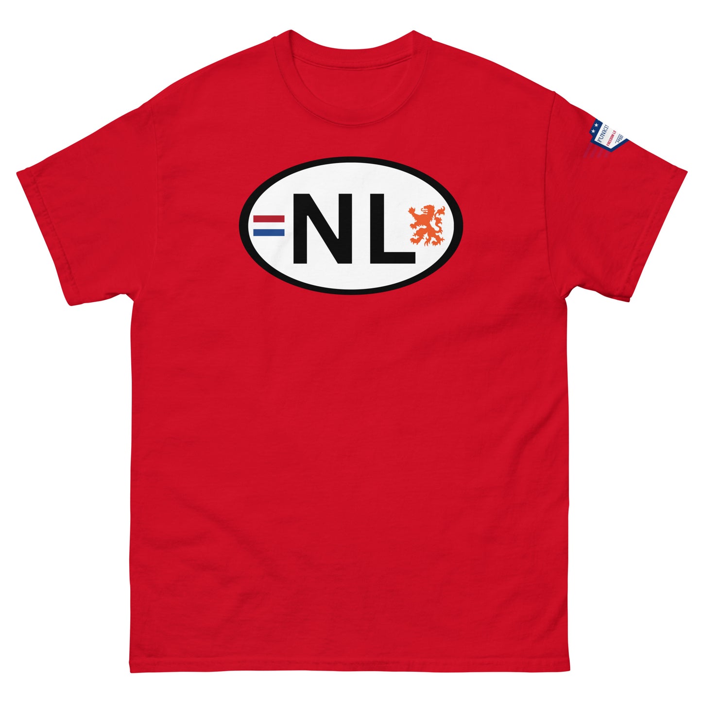 Front view of red unisex classic tee with white oval NL license plate print, Dutch flag stripes, orange lion, USA flag sleeve patch