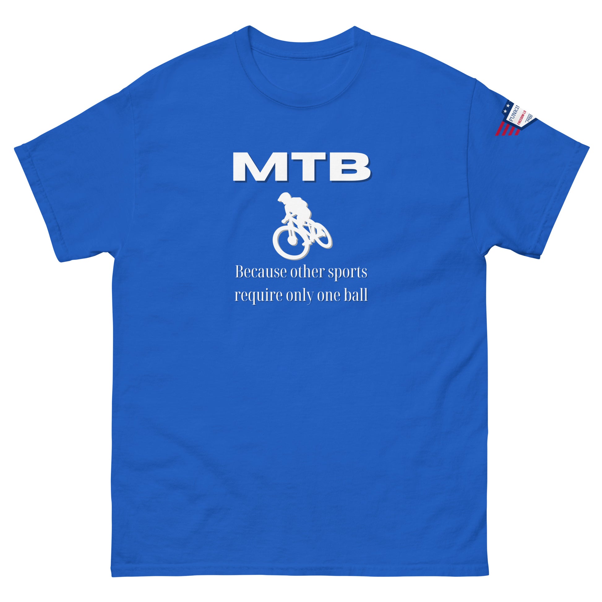 Front view of royal blue tee with white "MTB" print, biker silhouette, "Because other sports require only one ball", US flag label