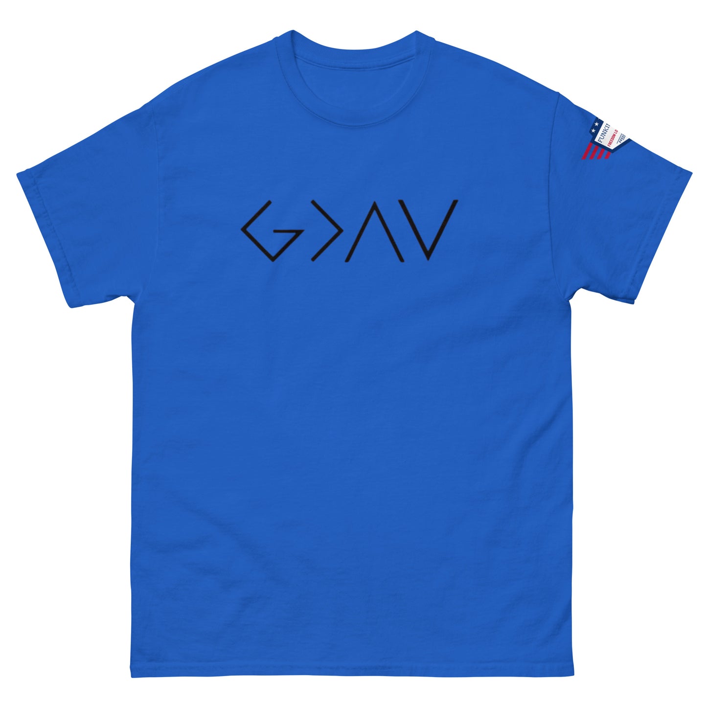 Front view of royal blue unisex tee with bold black "G > AV" print and small US flag sleeve patch