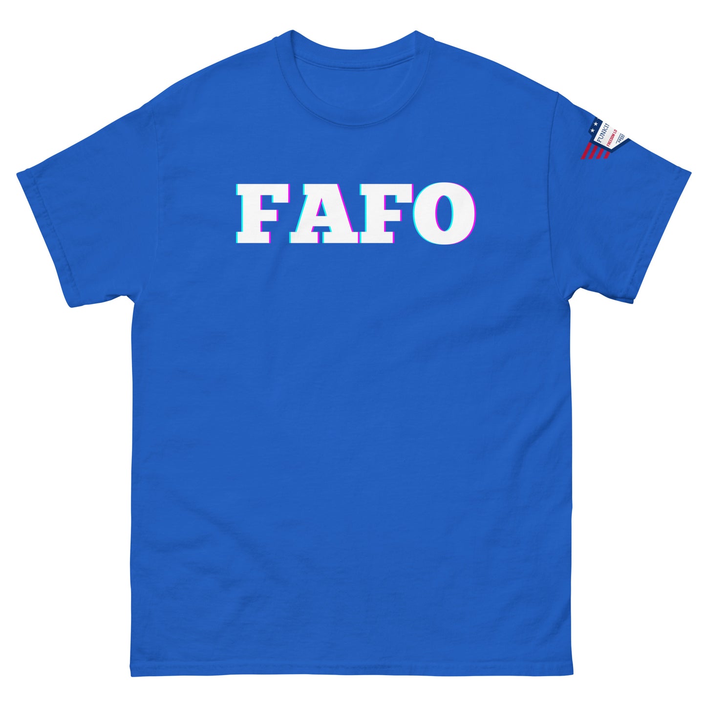 Front view of navy blue t-shirt featuring glitchy "FAFO" print and US flag on sleeve