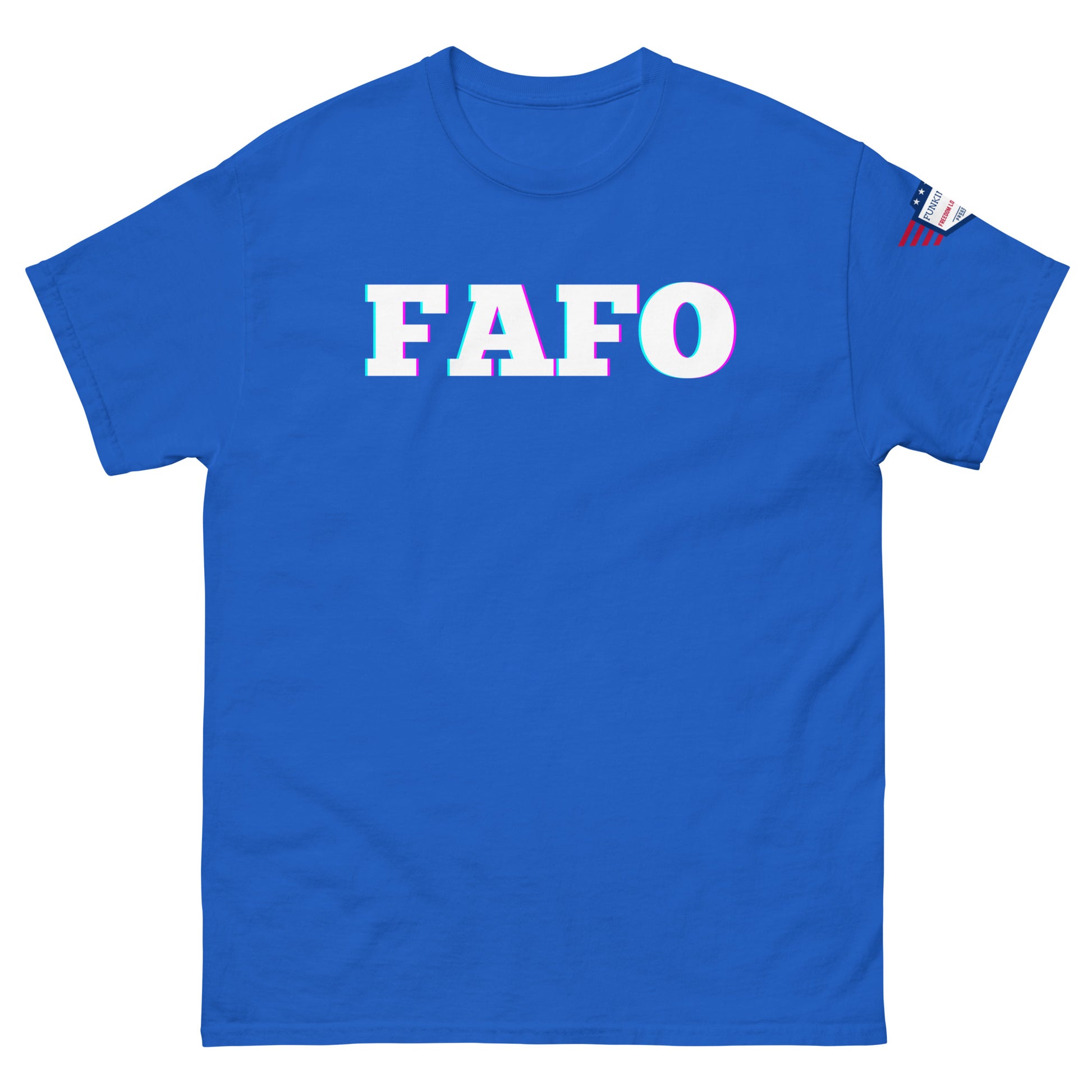 Front view of navy blue t-shirt featuring glitchy "FAFO" print and US flag on sleeve