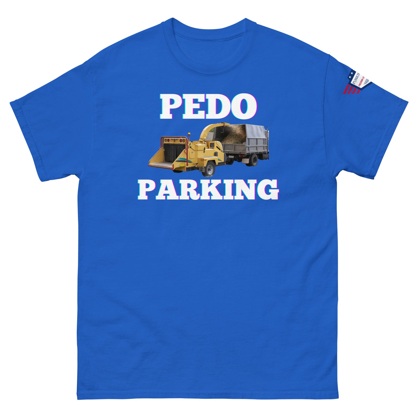 Front view of royal blue unisex tee with pink-glow "PEDOO PARKING", yellow front-end loader print, USA flag detail