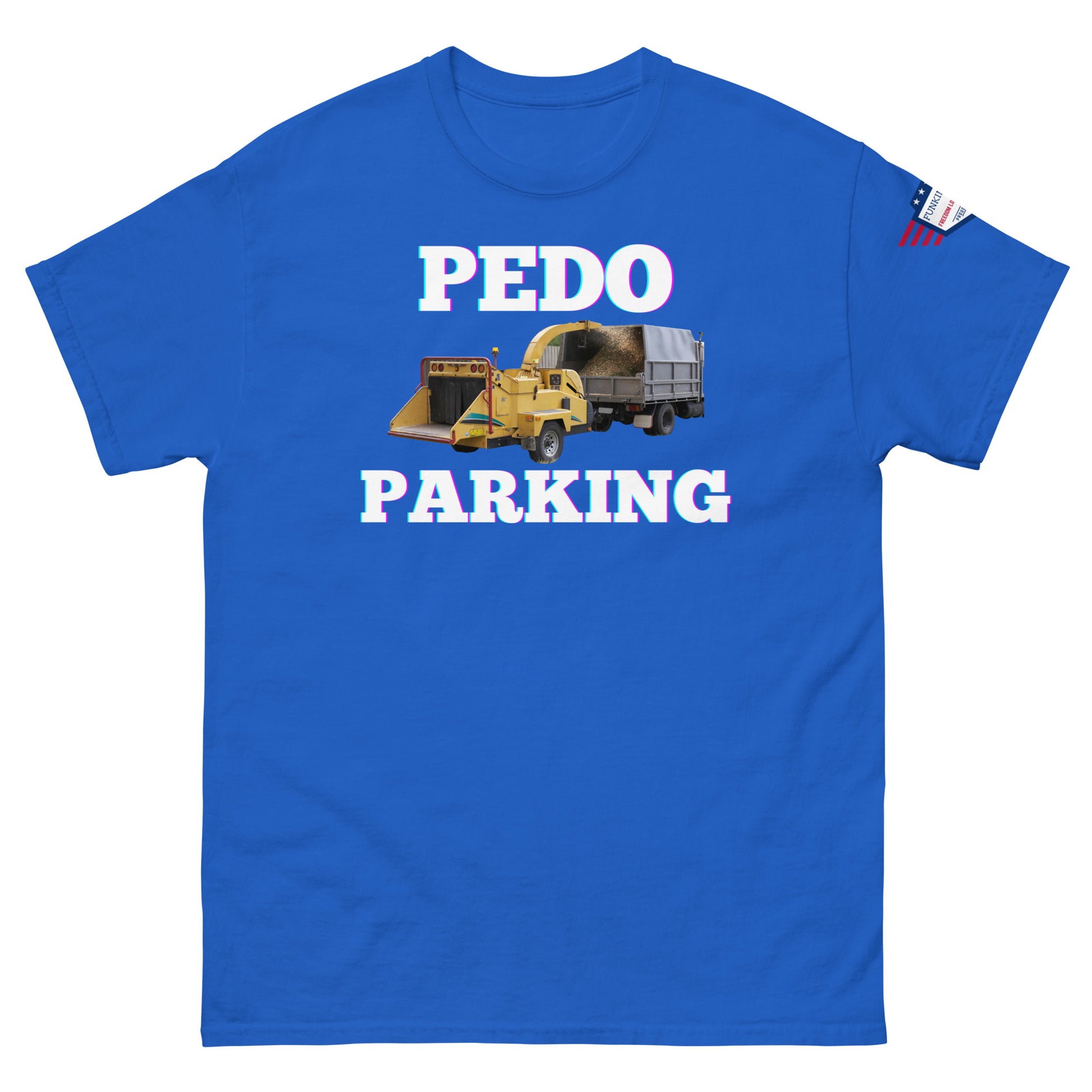 Front view of royal blue unisex tee with pink-glow "PEDOO PARKING", yellow front-end loader print, USA flag detail