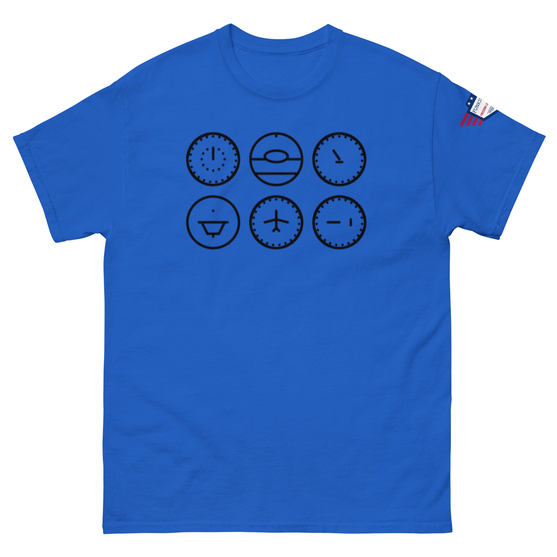 Front view of royal blue classic tee with black graphic of six expressive clock faces and props
