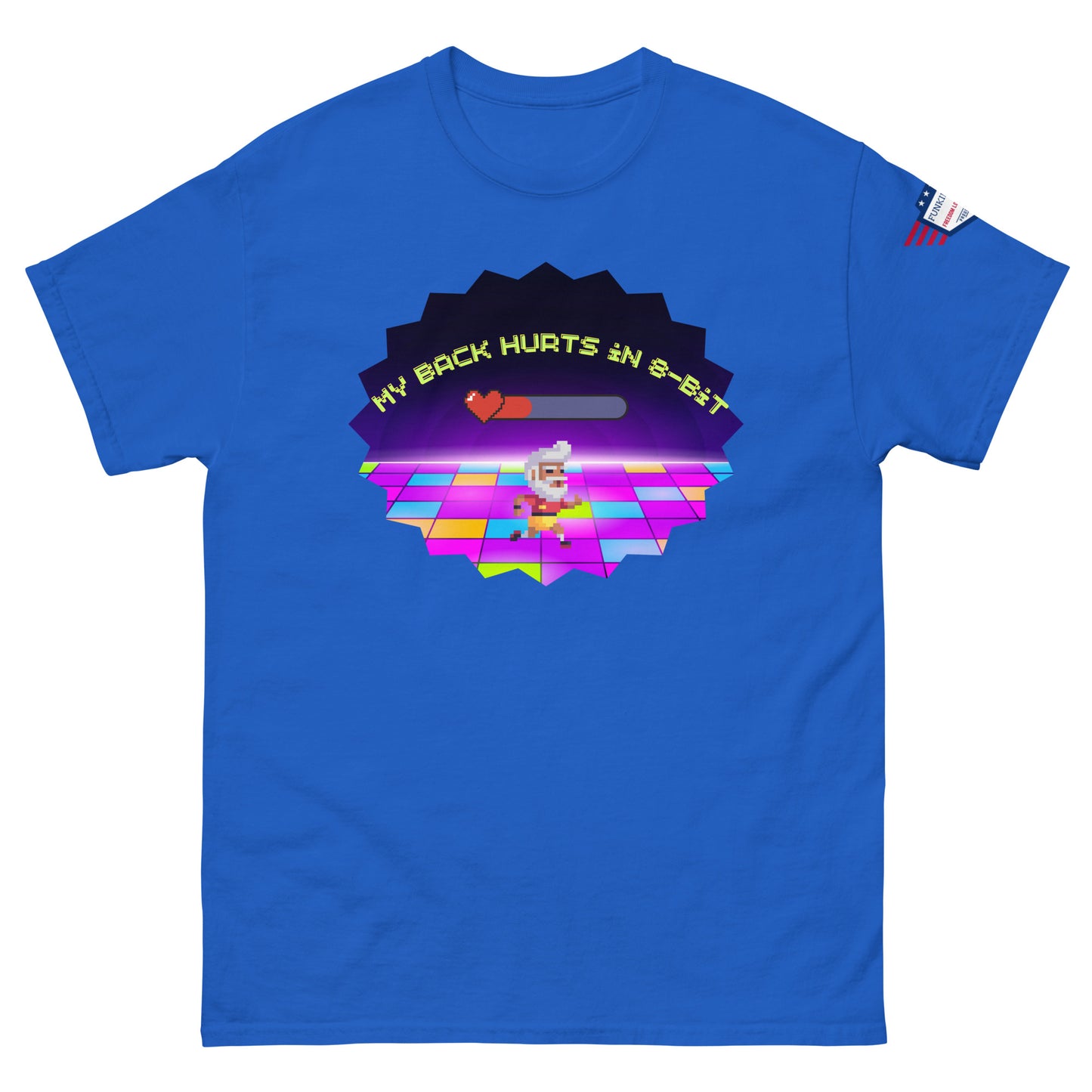 Front view of royal blue tee with "My back hurts so bad" meme: chef grooving on 80s pixel tiles amid pink-green starburst, sleeve flag