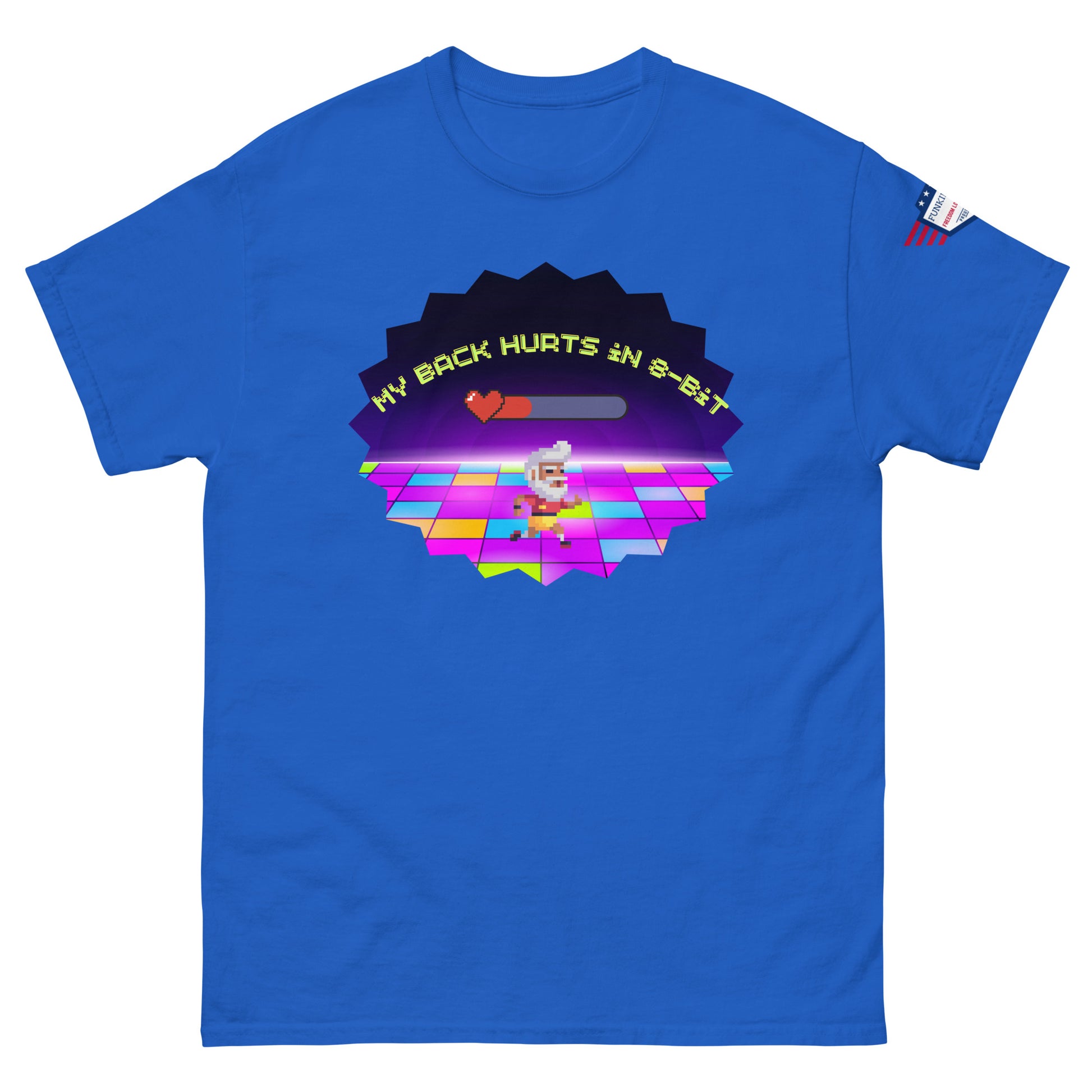 Front view of royal blue tee with "My back hurts so bad" meme: chef grooving on 80s pixel tiles amid pink-green starburst, sleeve flag