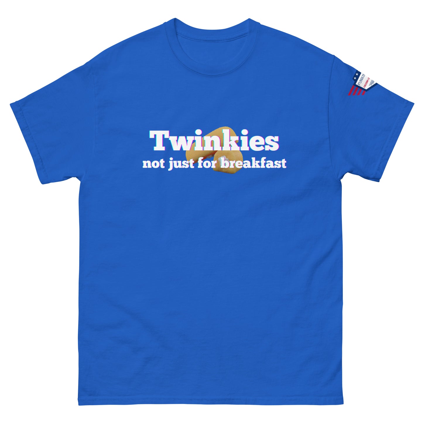 Front view of royal blue tee with "Twinkies not just for breakfast" bold print, Twinkie detail, flag sleeve label