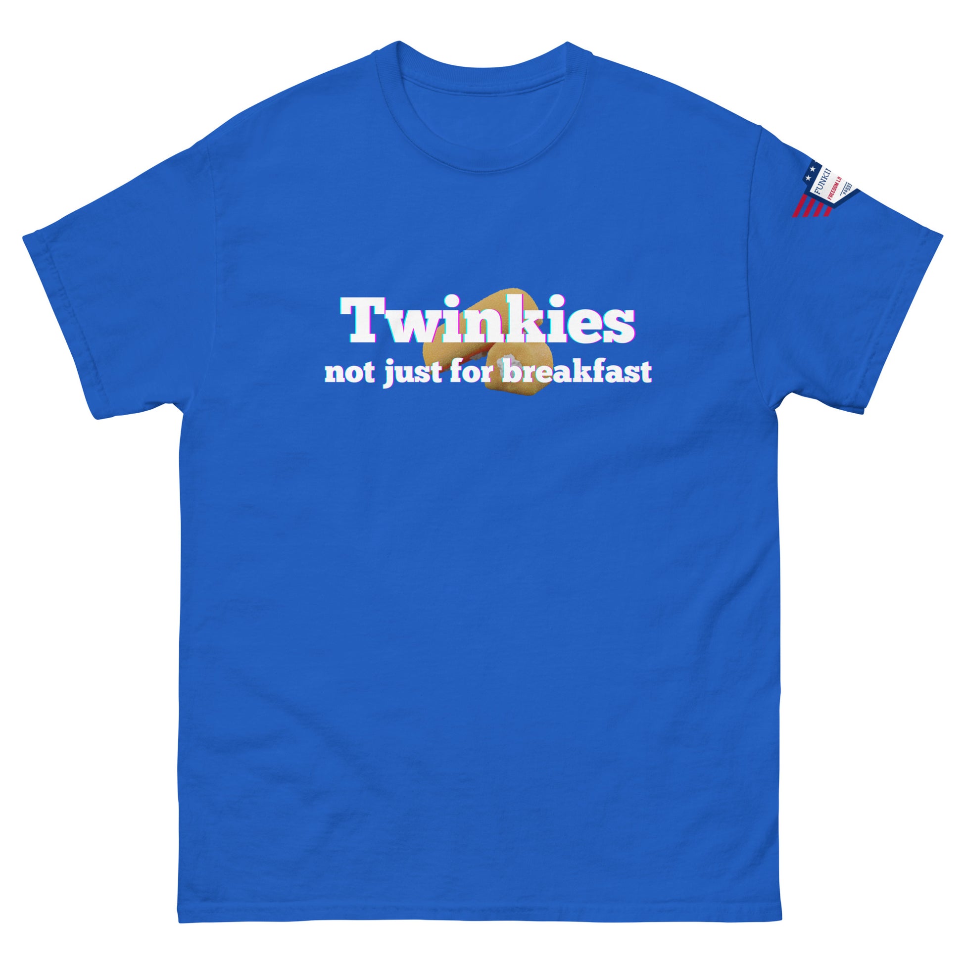 Front view of royal blue tee with "Twinkies not just for breakfast" bold print, Twinkie detail, flag sleeve label