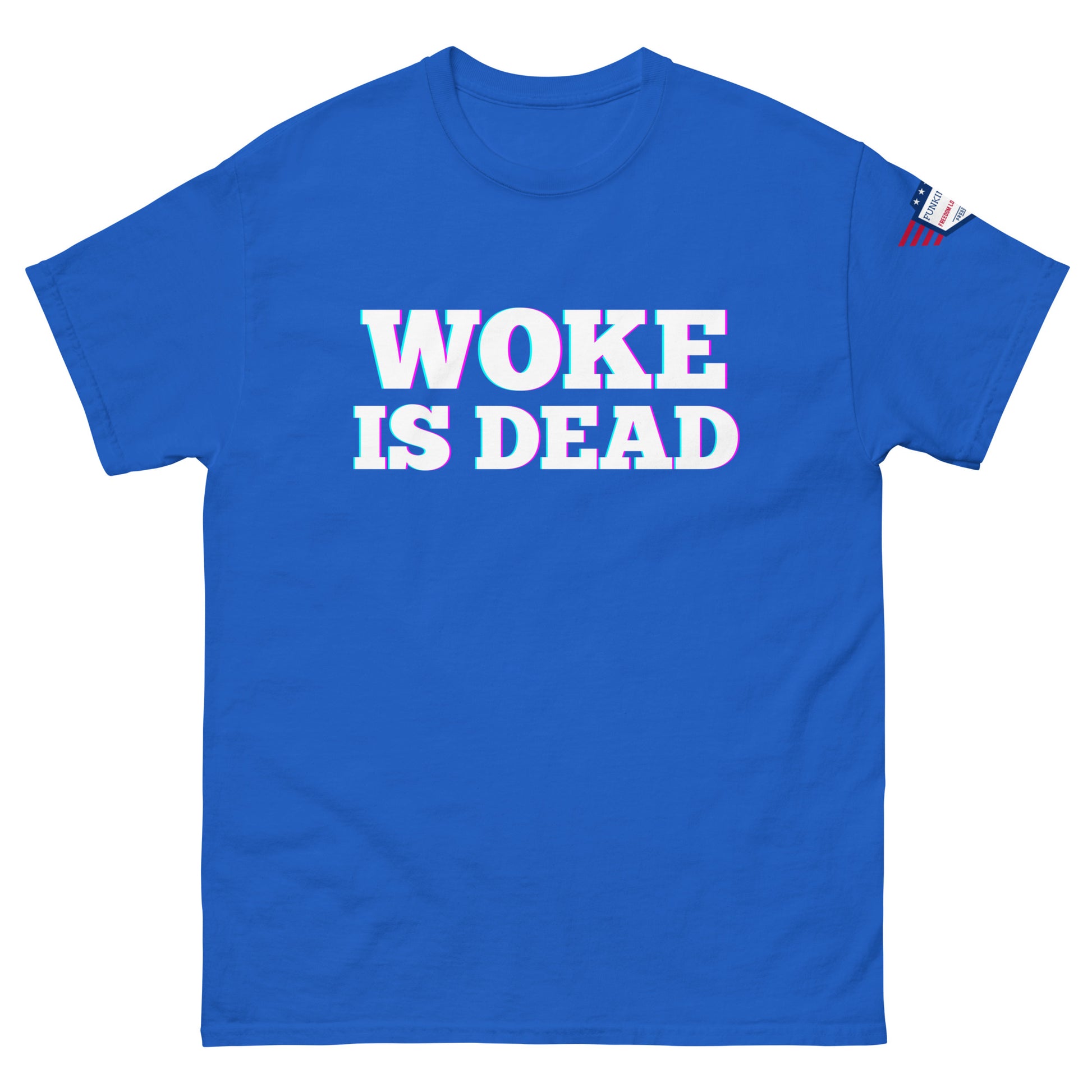 Front view of royal blue tee with bold "WOKE IS DEAD" glitch text and flag patch