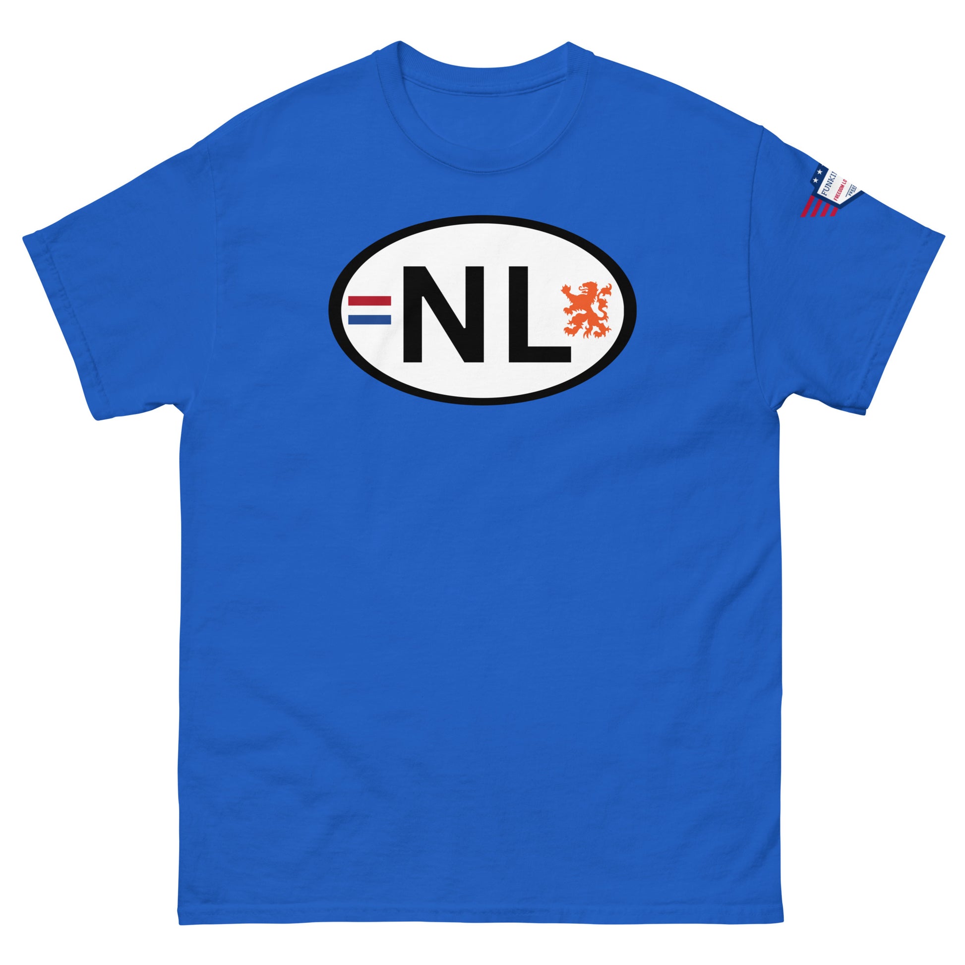 Front view of royal blue unisex classic tee with white oval NL license plate print, Dutch flag stripes, orange lion, USA flag sleeve patch