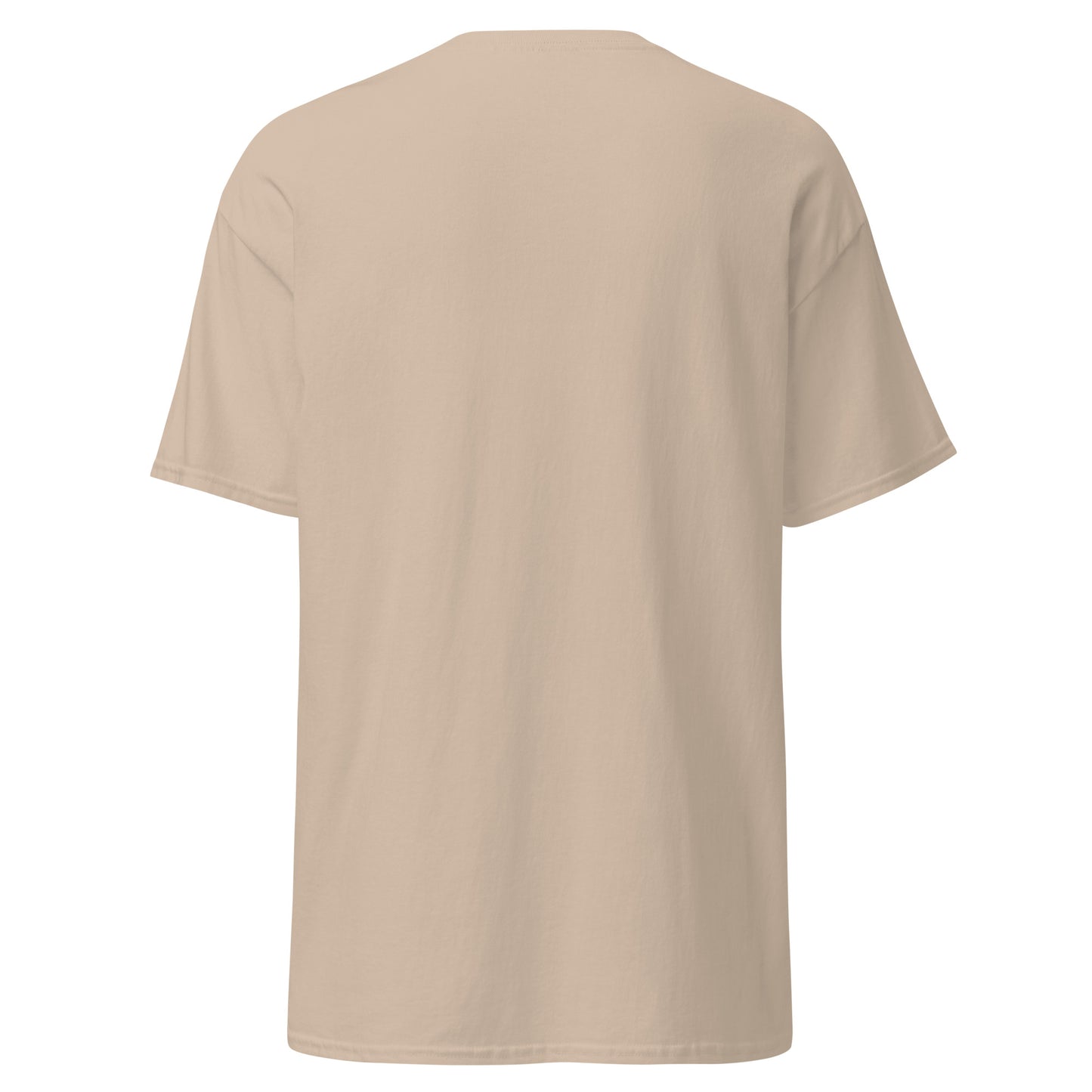 Back view of plain beige classic tee, all action up front