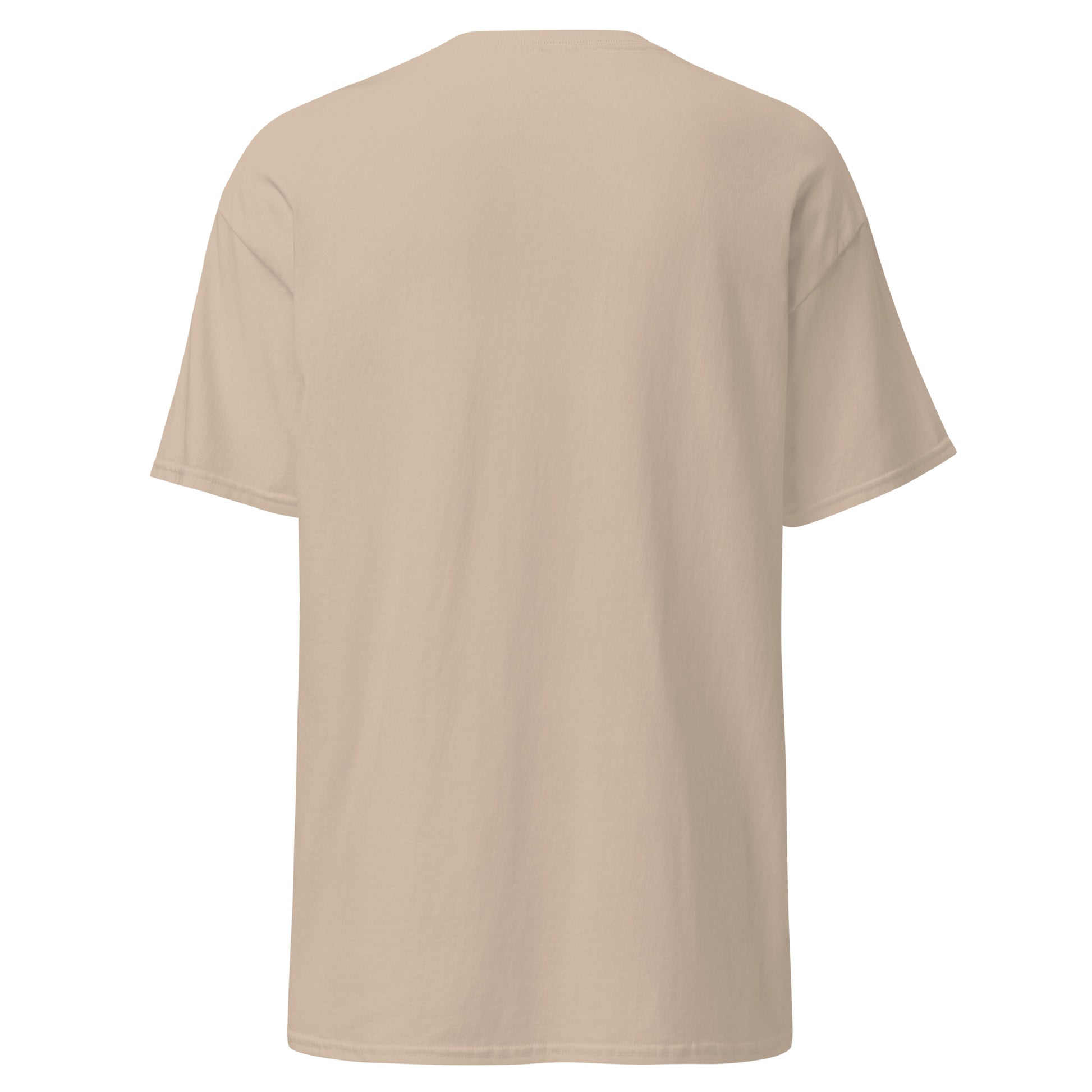 Back view of plain beige classic tee, all action up front