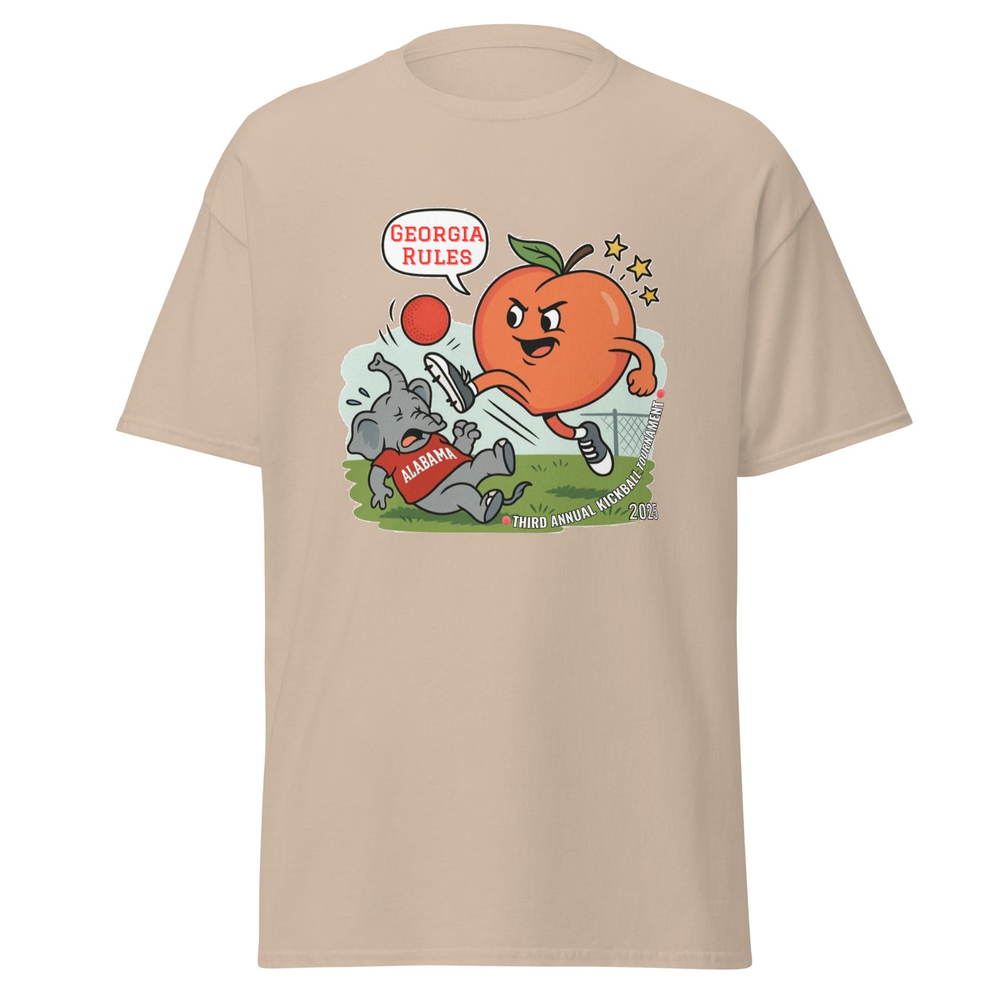 Front view of beige classic tee with vibrant Georgia peach vs Alabama elephant kickball scene, "Third Annual"