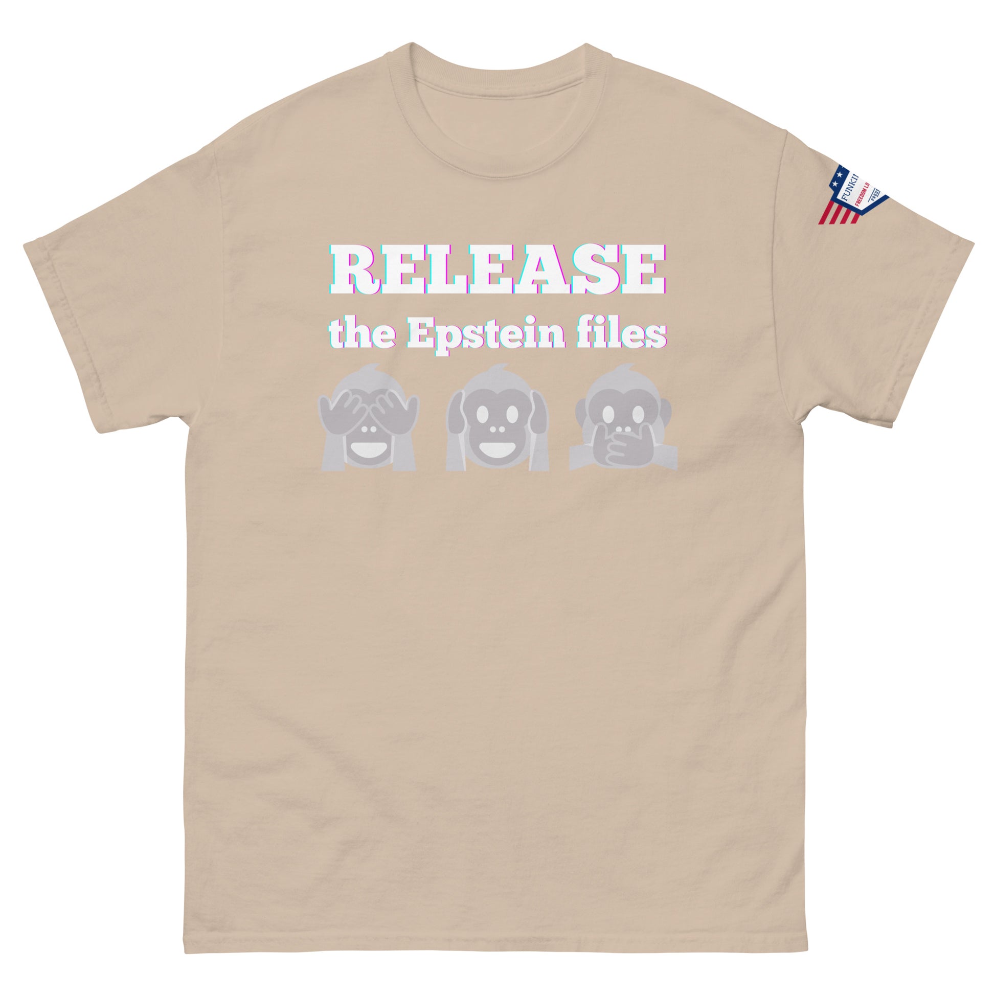 Front view of tan beige t-shirt with "RELEASEASE the Epstein files" gradient text and gray see-no-evil monkeys, US flag sleeve patch