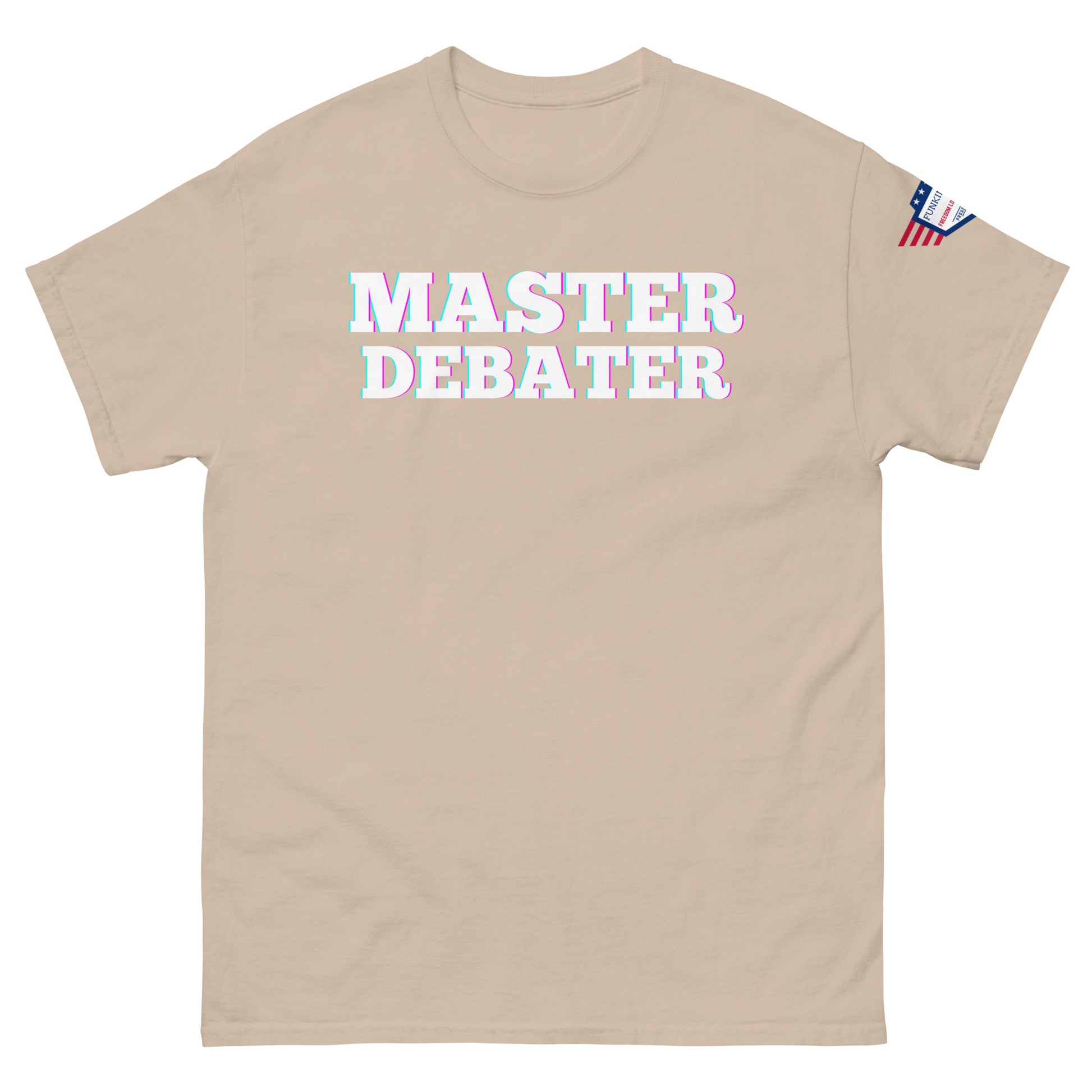 Front view of sand beige unisex tee with "MASTER DEBATER" bold letters, US flag on sleeve