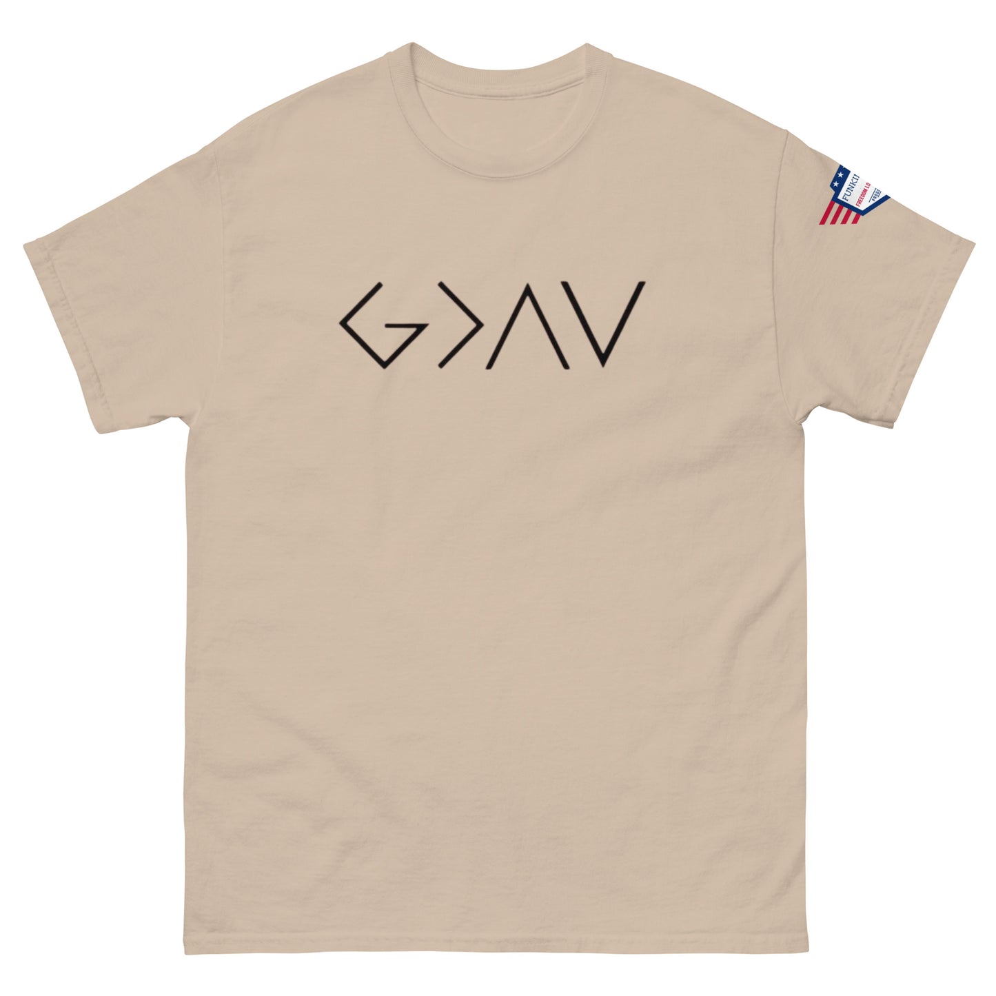 Front view of beige unisex tee with bold black "G > AV" print and small US flag sleeve patch