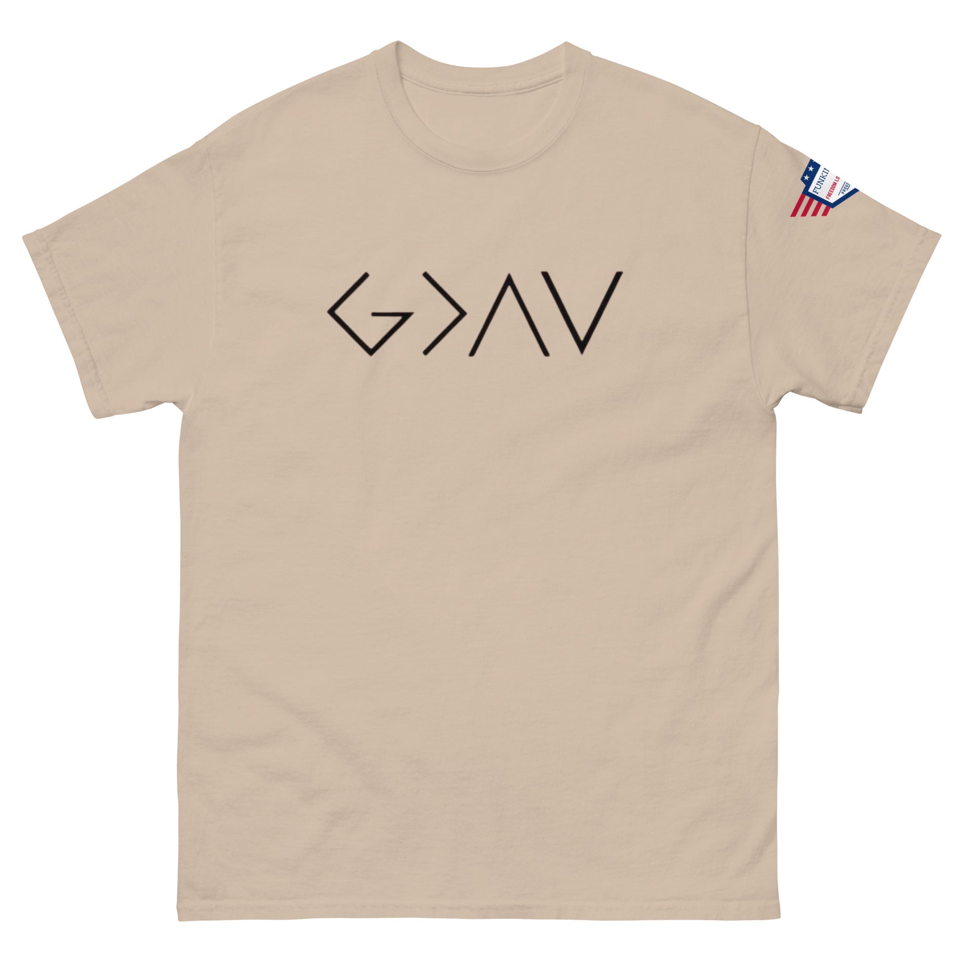 Front view of beige unisex tee with bold black "G > AV" print and small US flag sleeve patch