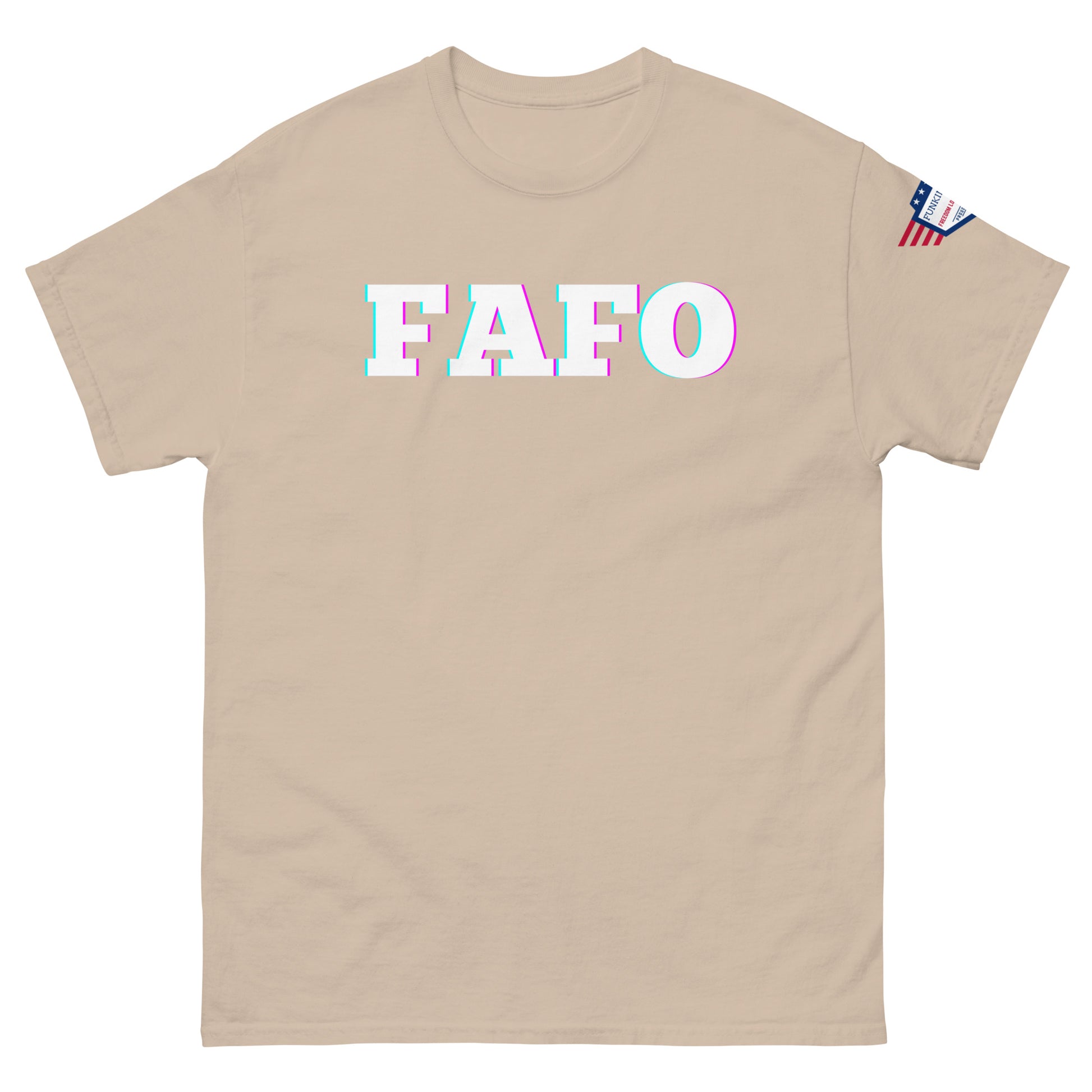 Front view of beige unisex tee with white "FAFO" holographic effect and flag sleeve tag