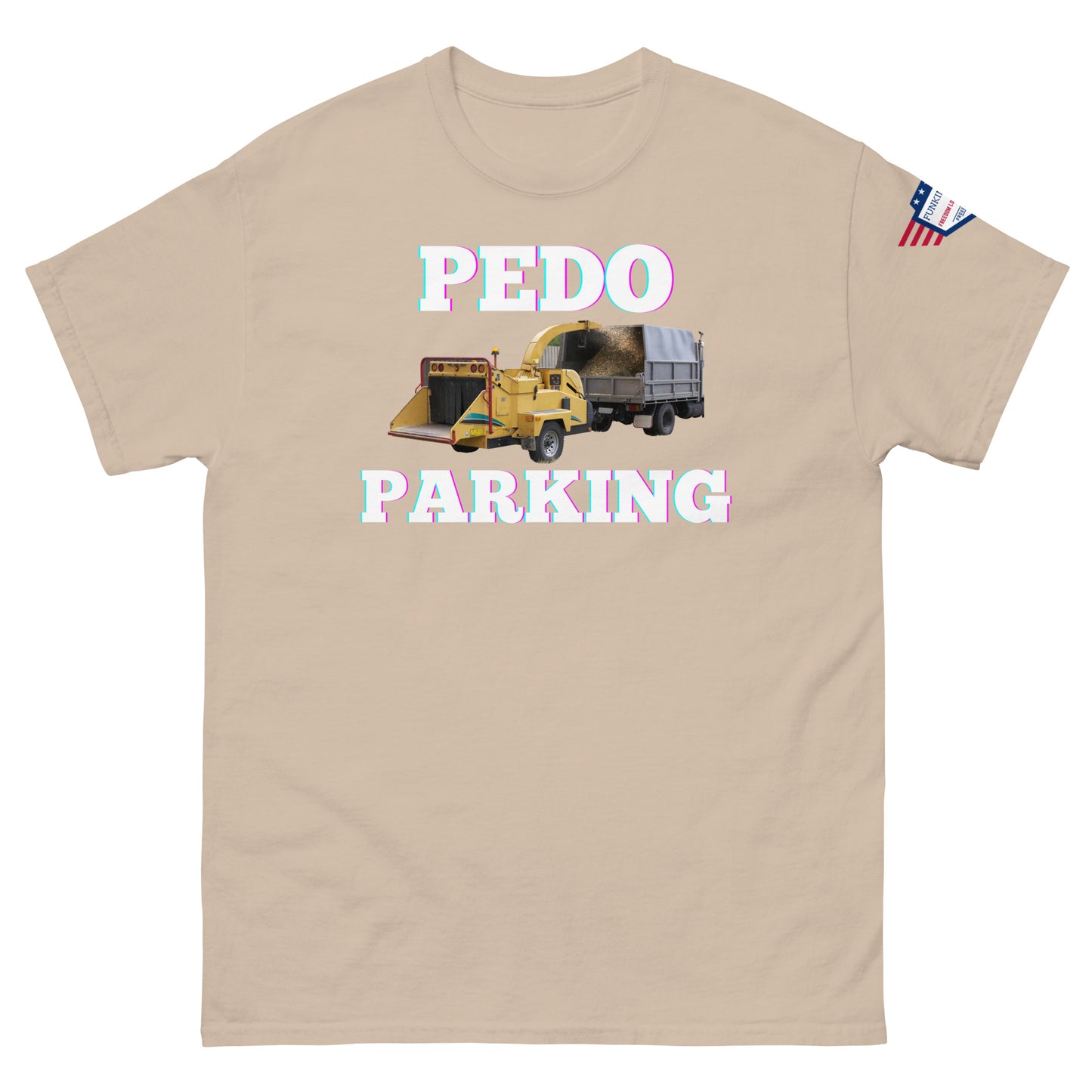 Front view of tan unisex tee featuring "PEDOO PARKING" text, yellow loader dumping into dump truck, USA flag sleeve patch