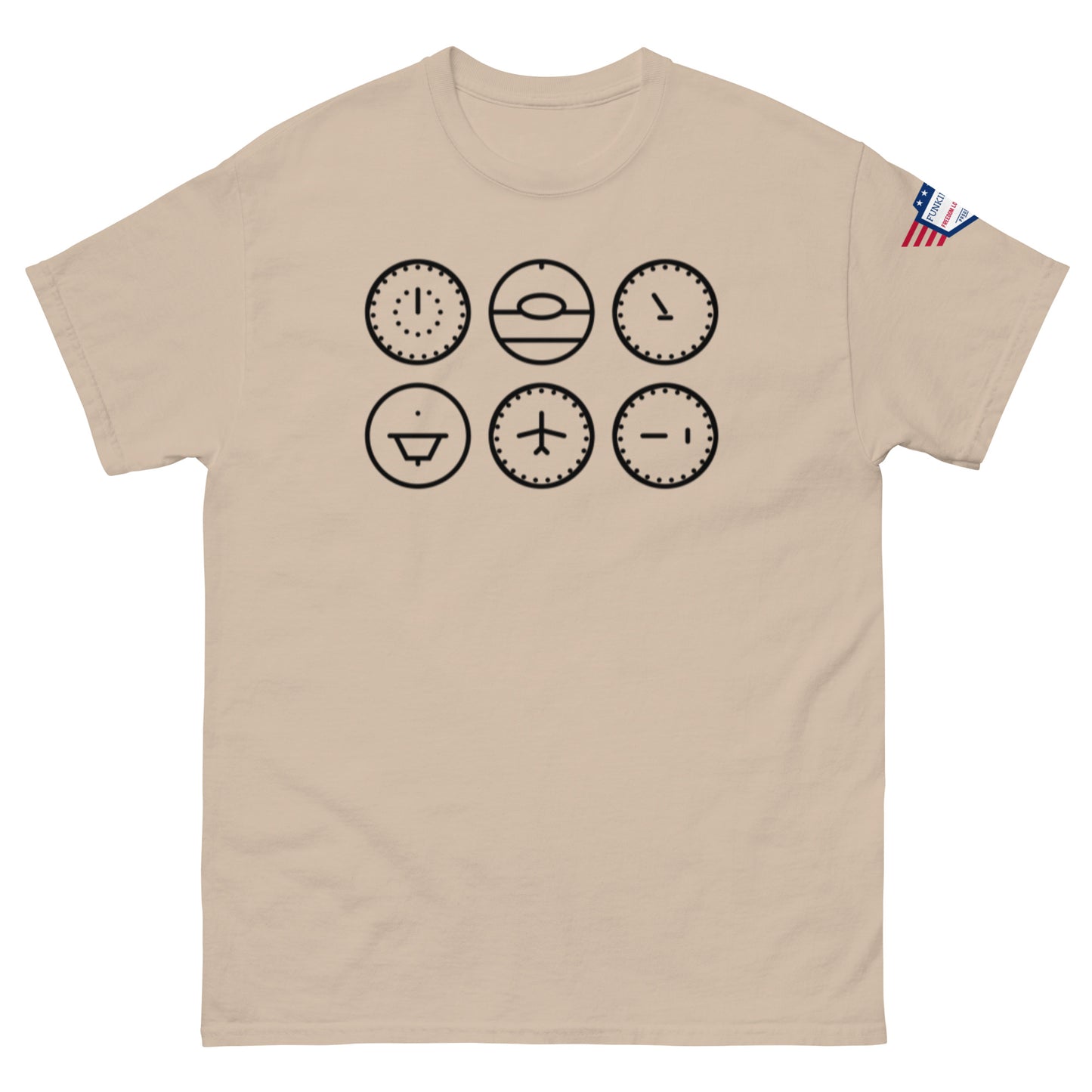 Front view of tan t-shirt with six sharp black clock designs — sunny dispositions and all