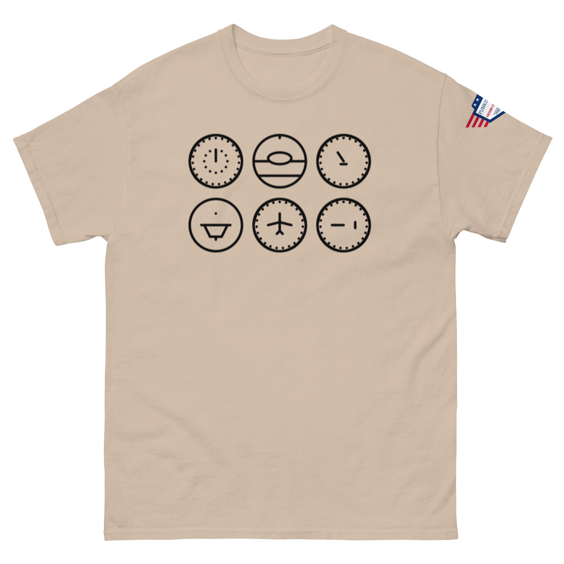 Front view of tan t-shirt with six sharp black clock designs — sunny dispositions and all