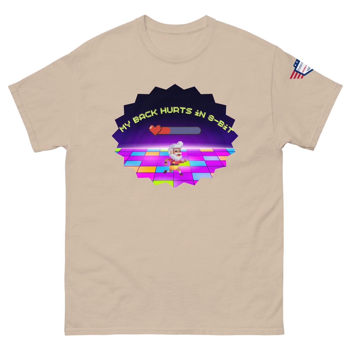 Front view of beige tee with "My back hurts so bad" chef disco meme graphic in retro neon starburst, small USA flag on sleeve