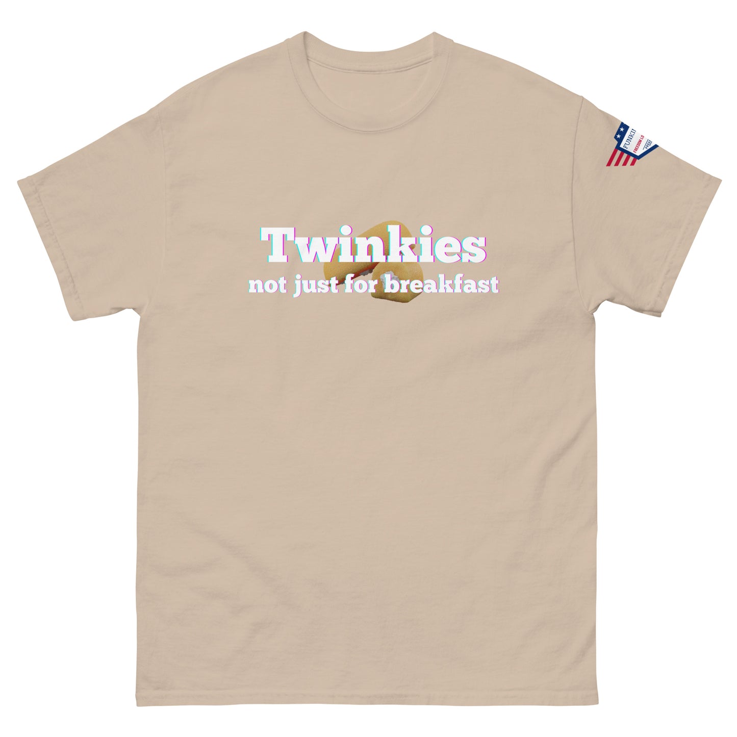 Front view of sand beige unisex tee with "Twinkies not just for breakfast" and Twinkie graphic, American flag on sleeve