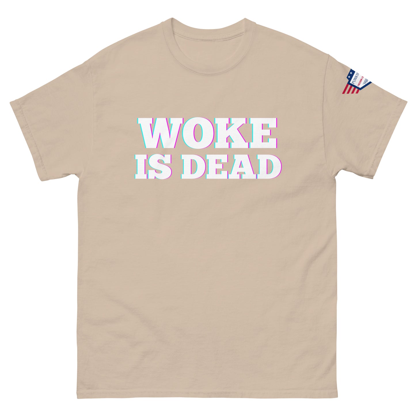 Front view of sand beige tee with "WOKE IS DEAD" glitchy print and US flag sleeve detail
