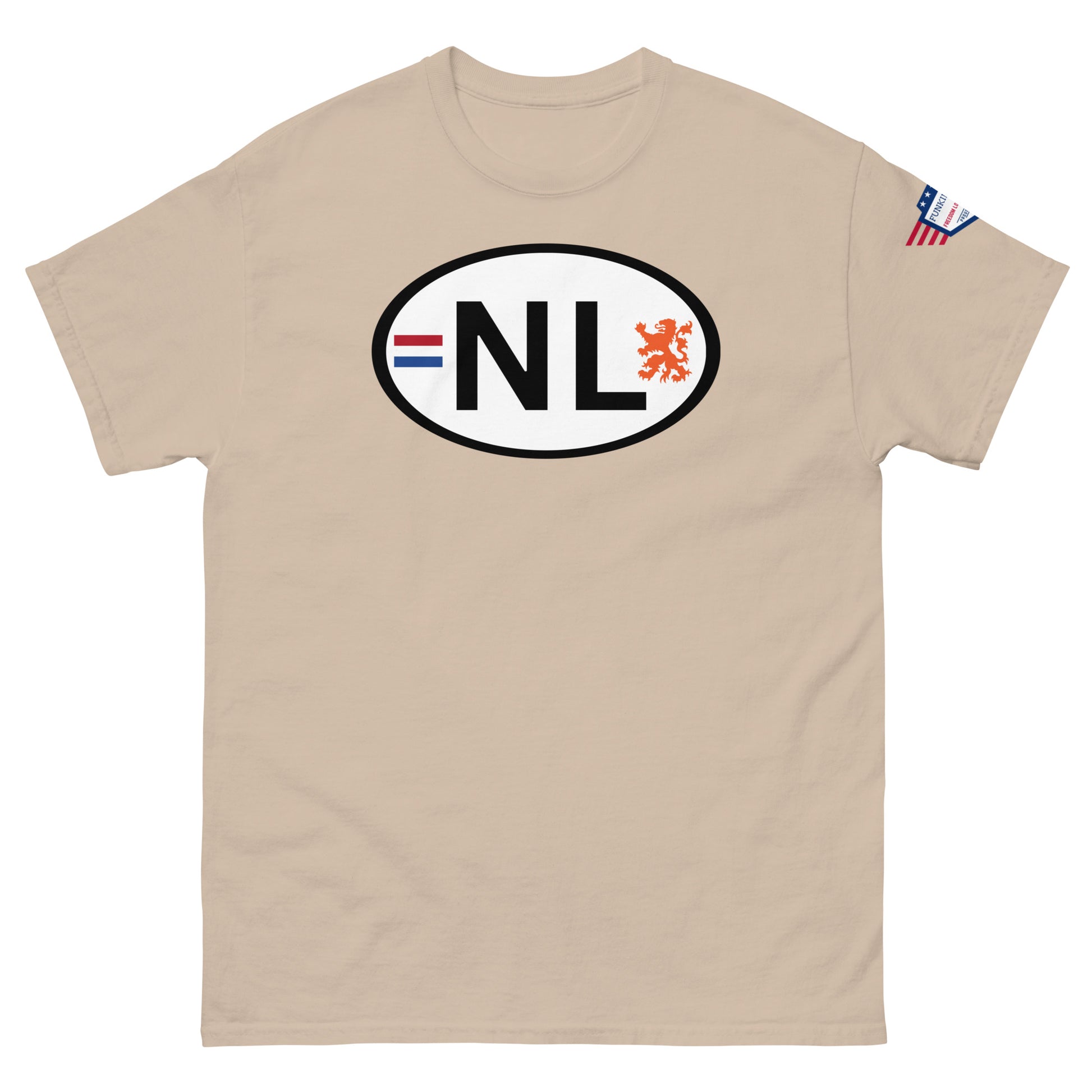 Front view of tan unisex classic tee with white oval NL license plate print, Dutch flag stripes, orange lion, USA flag sleeve patch