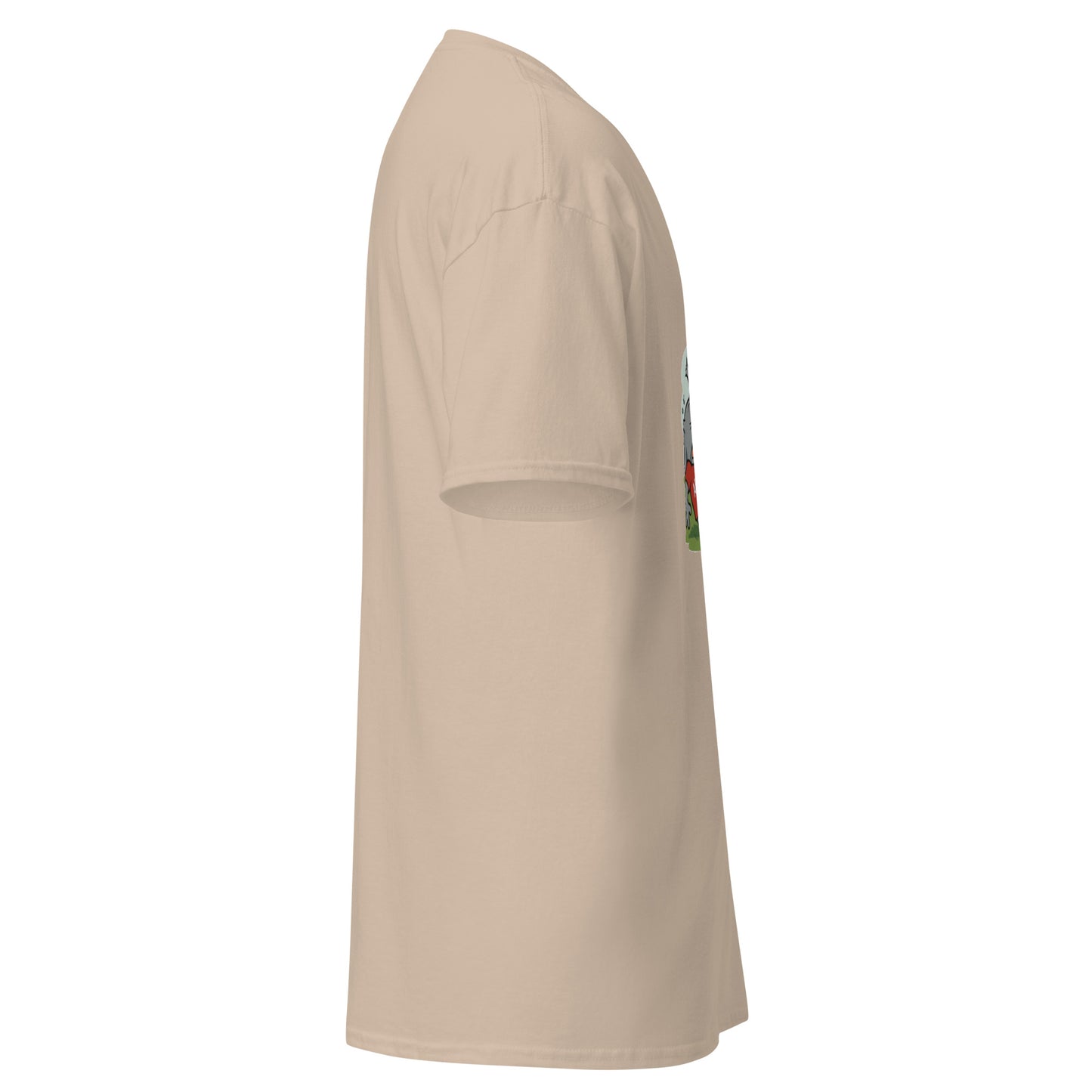 Left side view of beige classic tee with glimpse of Georgia peach print edge