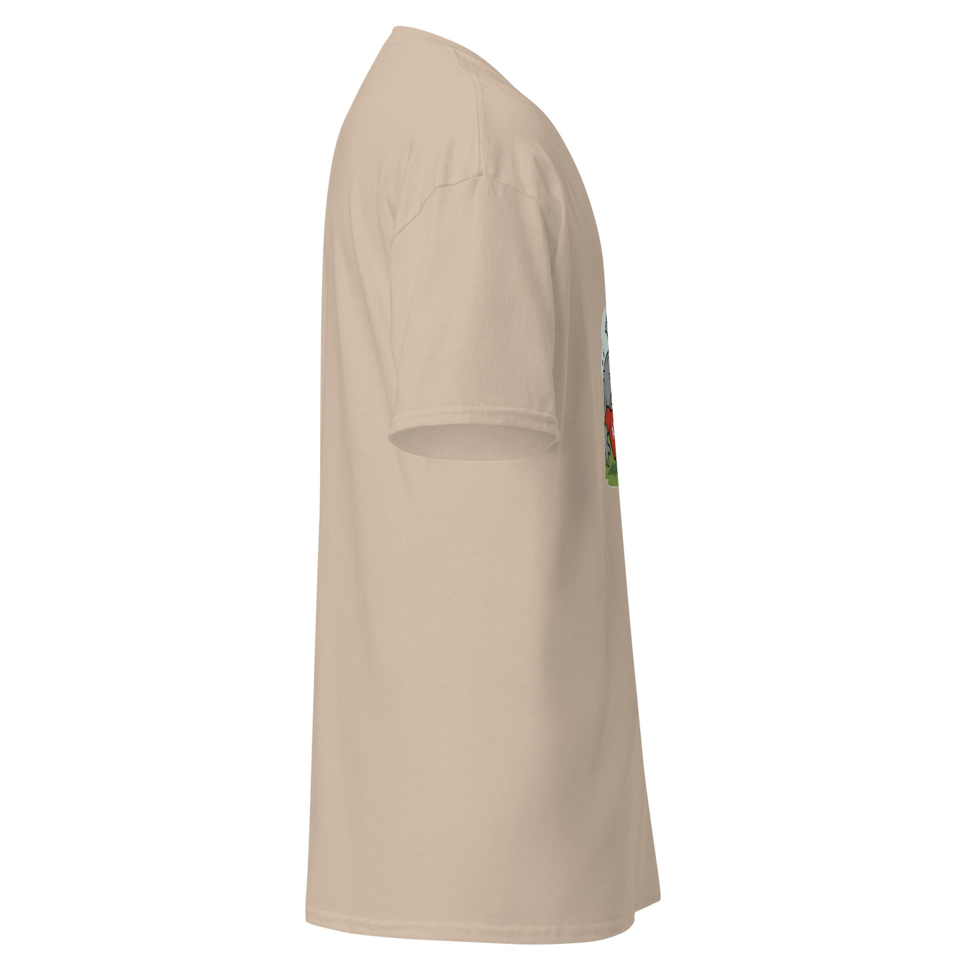 Left side view of beige classic tee with glimpse of Georgia peach print edge
