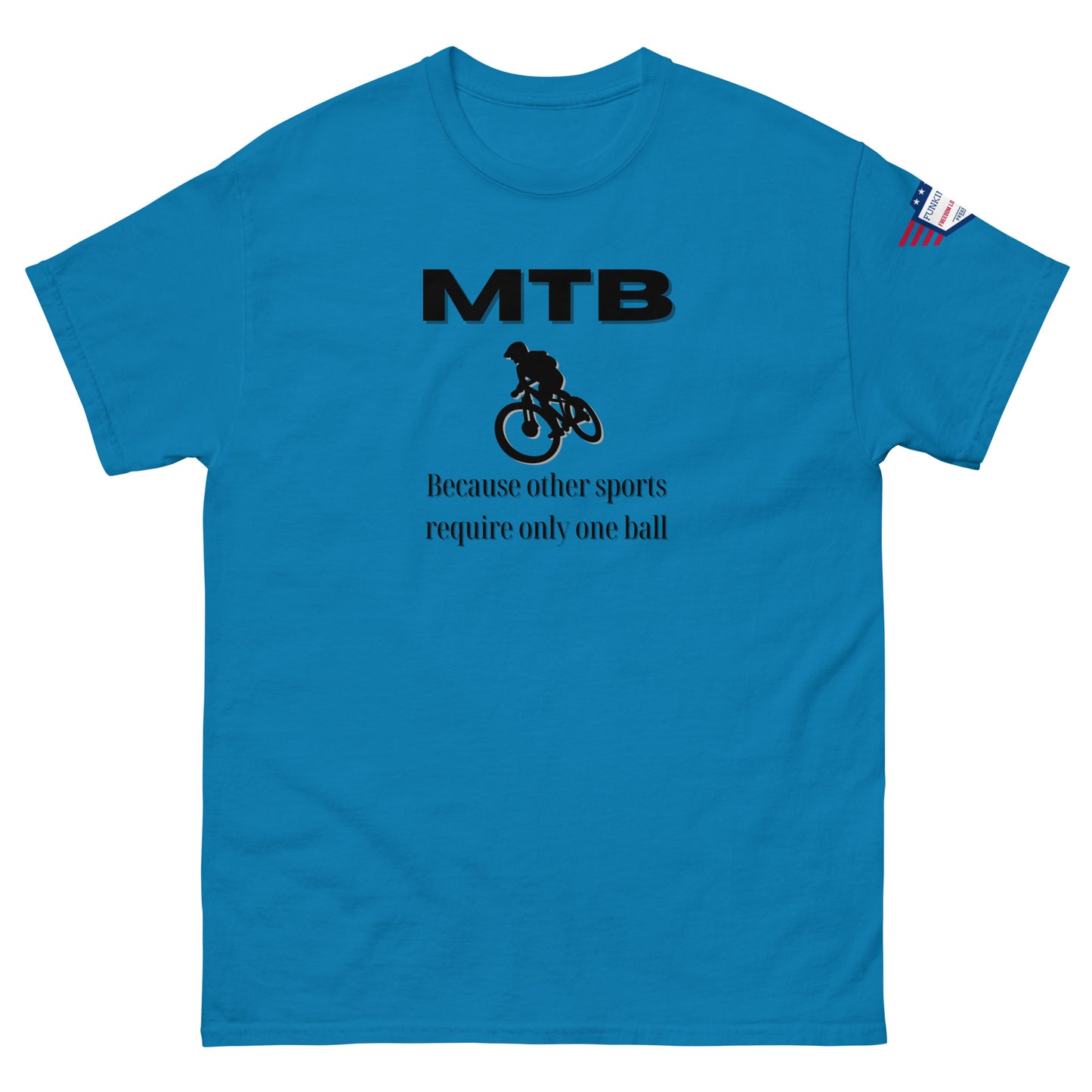 Front view of sky blue classic unisex tee with bold black "MTB" print, biker silhouette, and "Because other sports require only one ball" text