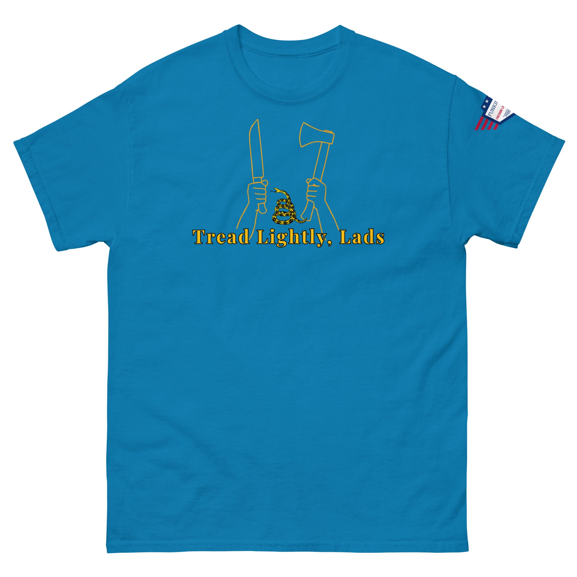 Front royal blue unisex tee with yellow hands clutching knife & axe around coiled snake, "Tread Lightly, Lads" below, US flag sleeve