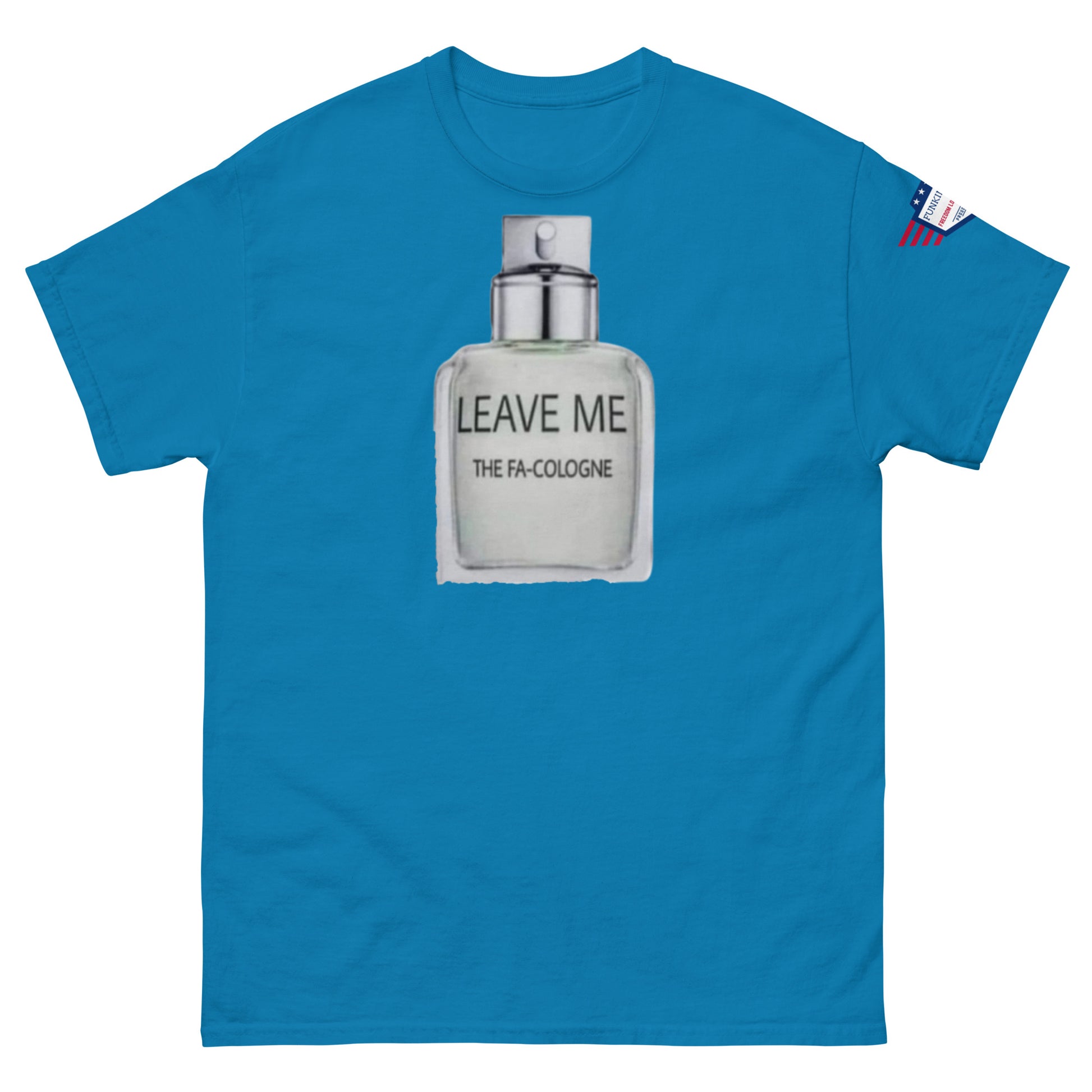 Front view of royal blue tee with "LEAVE ME THE FA COLOGNE" cheeky cologne print and USA flag patch