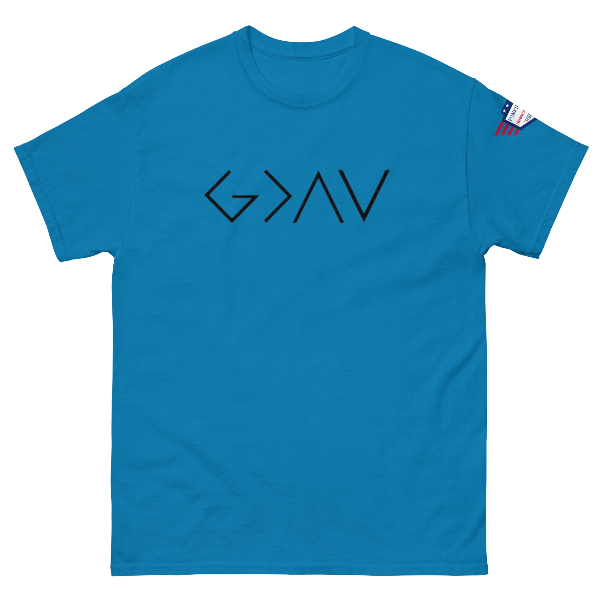 Front view of cyan blue unisex t-shirt with bold black "G > AV" chest print and US flag sleeve patch