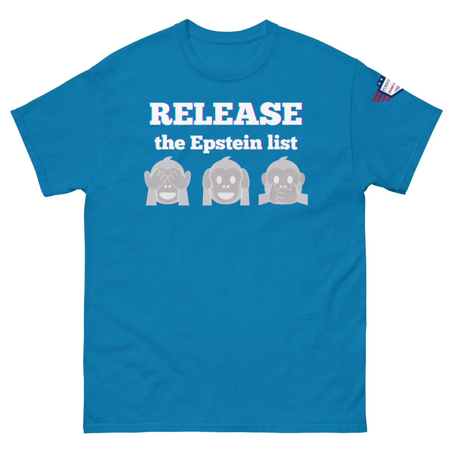Front view of royal blue unisex tee with "RELEASE THE EPSTEIN LIST" text and evasive gray monkeys