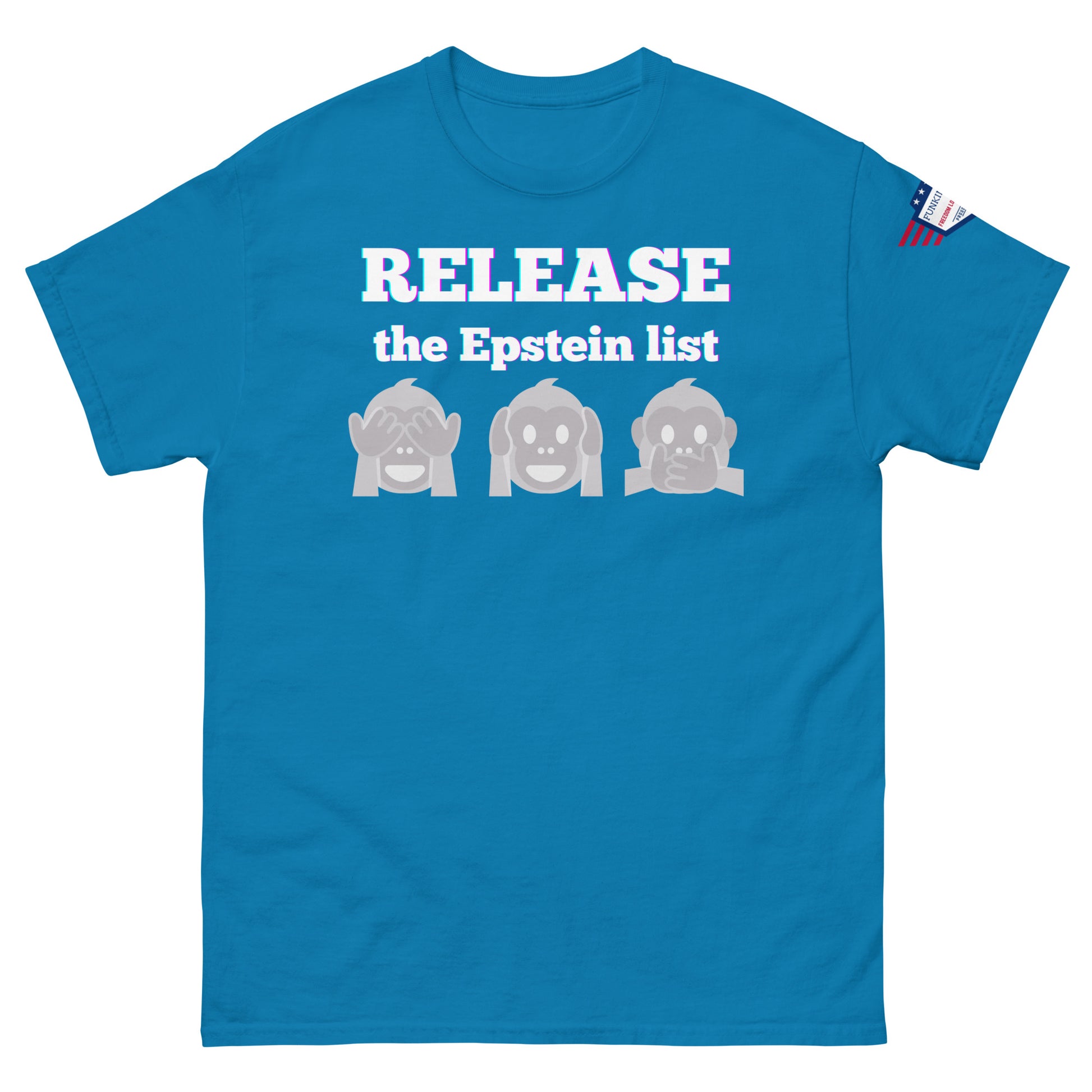 Front view of royal blue unisex tee with "RELEASE THE EPSTEIN LIST" text and evasive gray monkeys