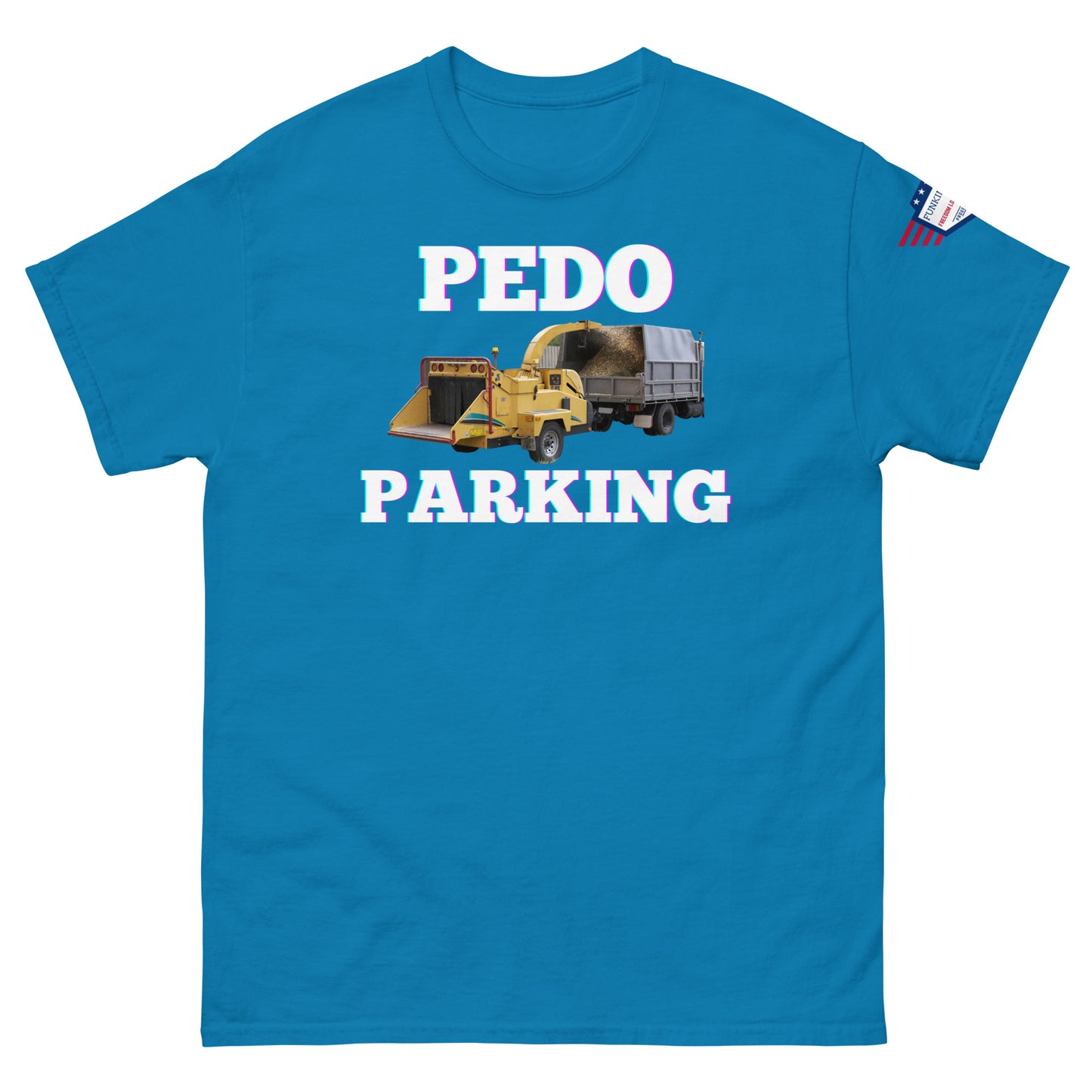 Front view of royal blue unisex tee with pink-glow "PLOWDO PARKING" print, yellow plow truck graphic, USA flag sleeve patch