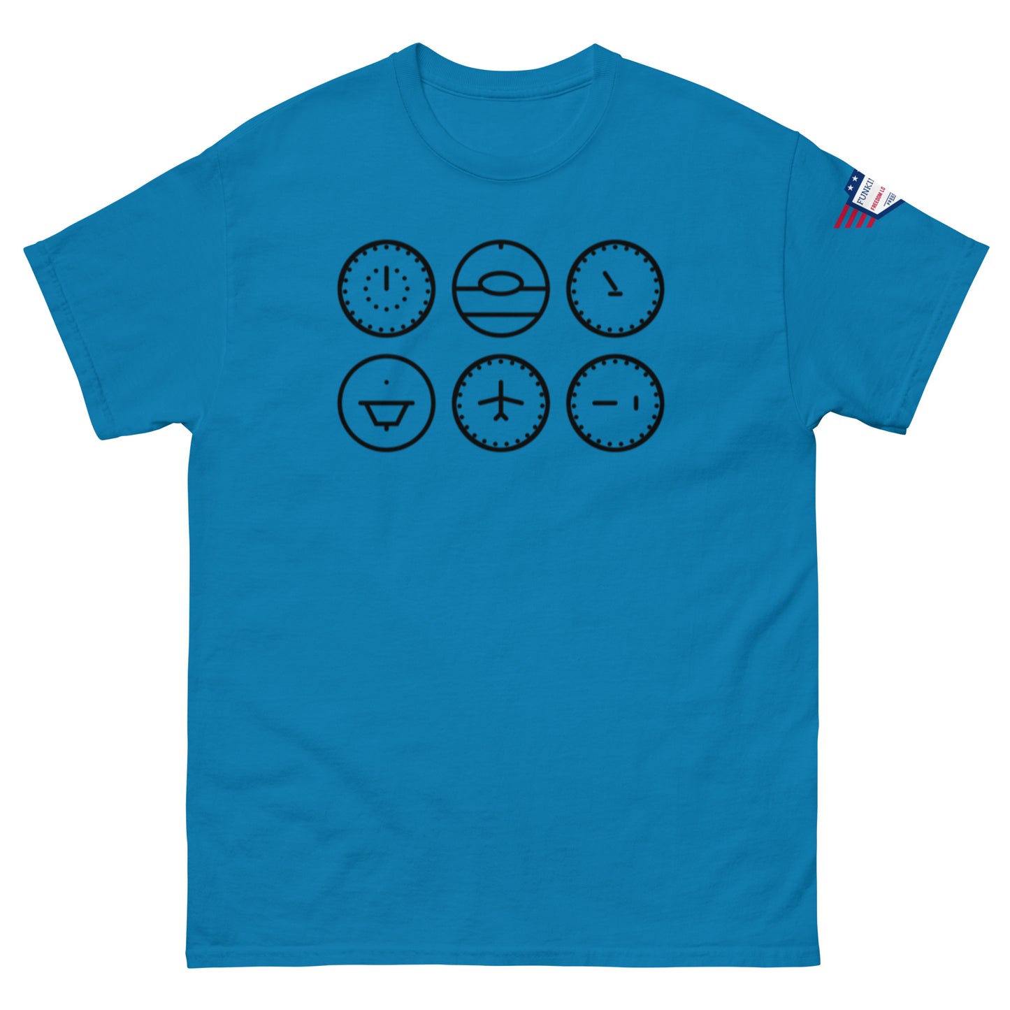 Royal blue t-shirt front with row of six minimalist black clock vibes
