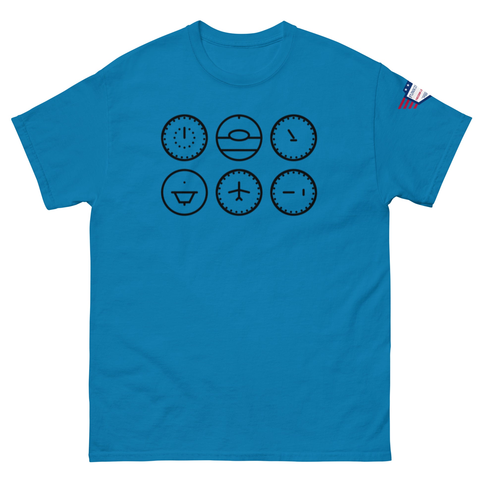 Royal blue t-shirt front with row of six minimalist black clock vibes