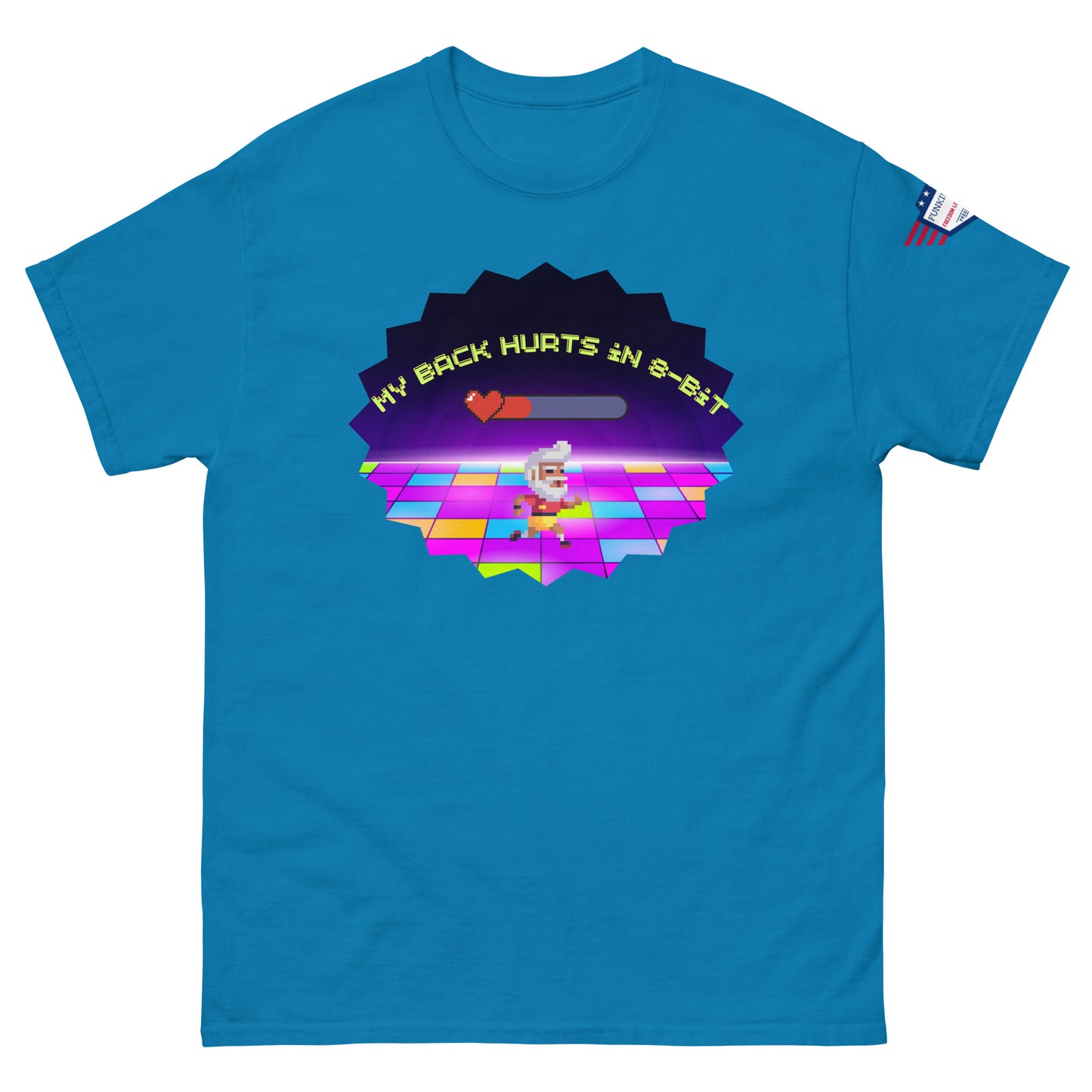 Sky blue unisex tee front view, "My Back Hurts 98%" retro chef meme dancing pixels, USA flag sleeve