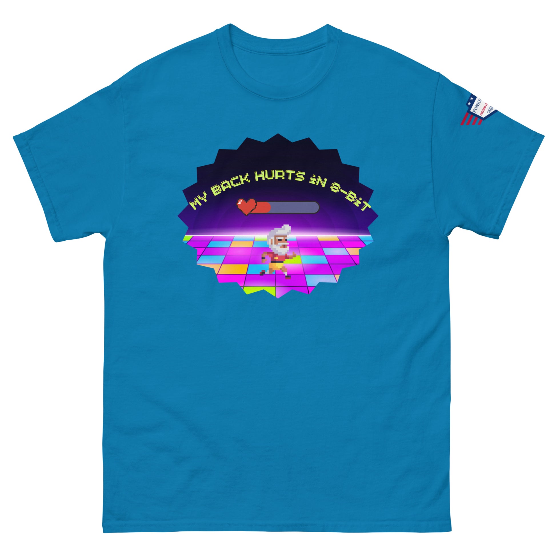 Sky blue unisex tee front view, "My Back Hurts 98%" retro chef meme dancing pixels, USA flag sleeve