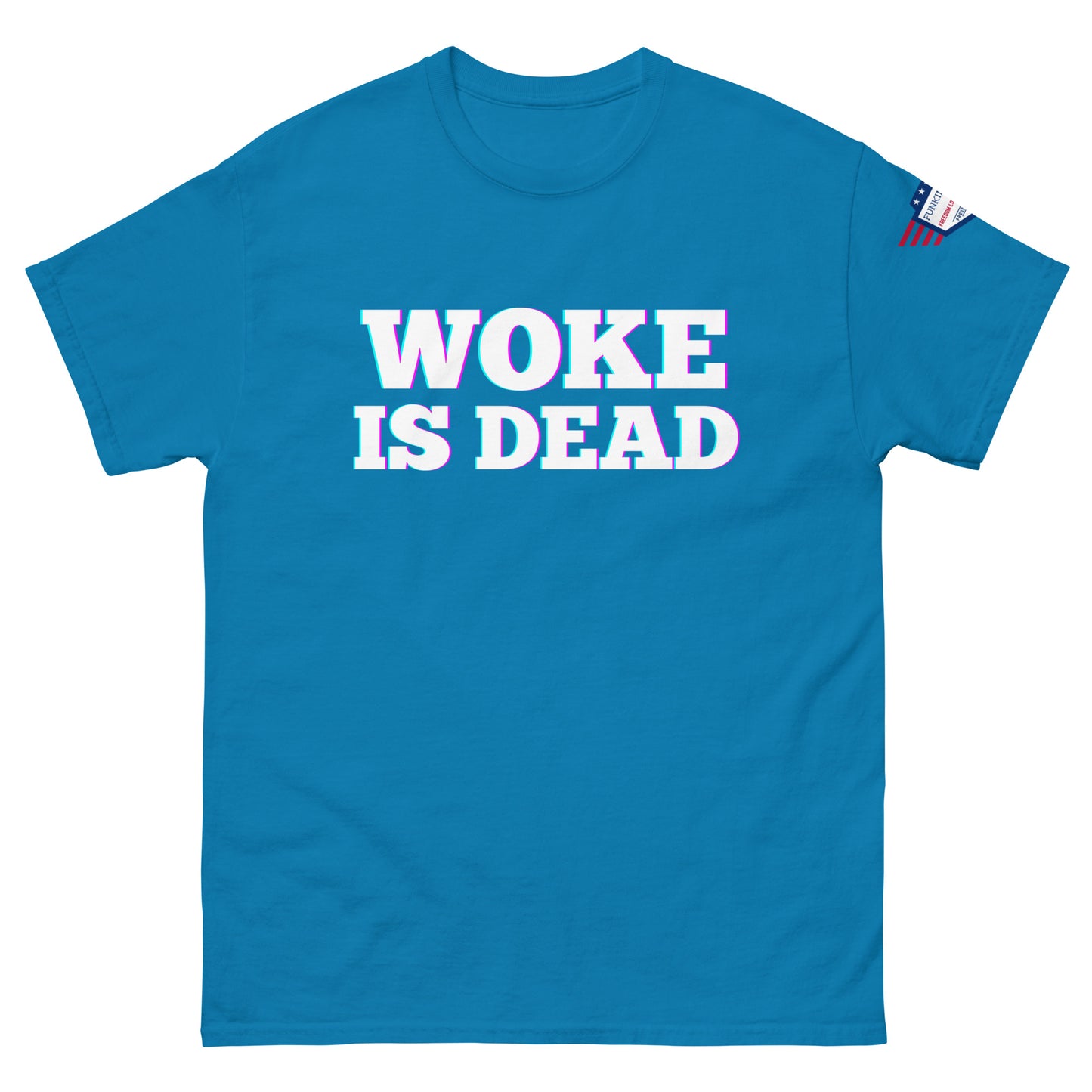 Front view of royal blue "WOKE IS DEAD" tee, bright white bold text and American flag sleeve patch