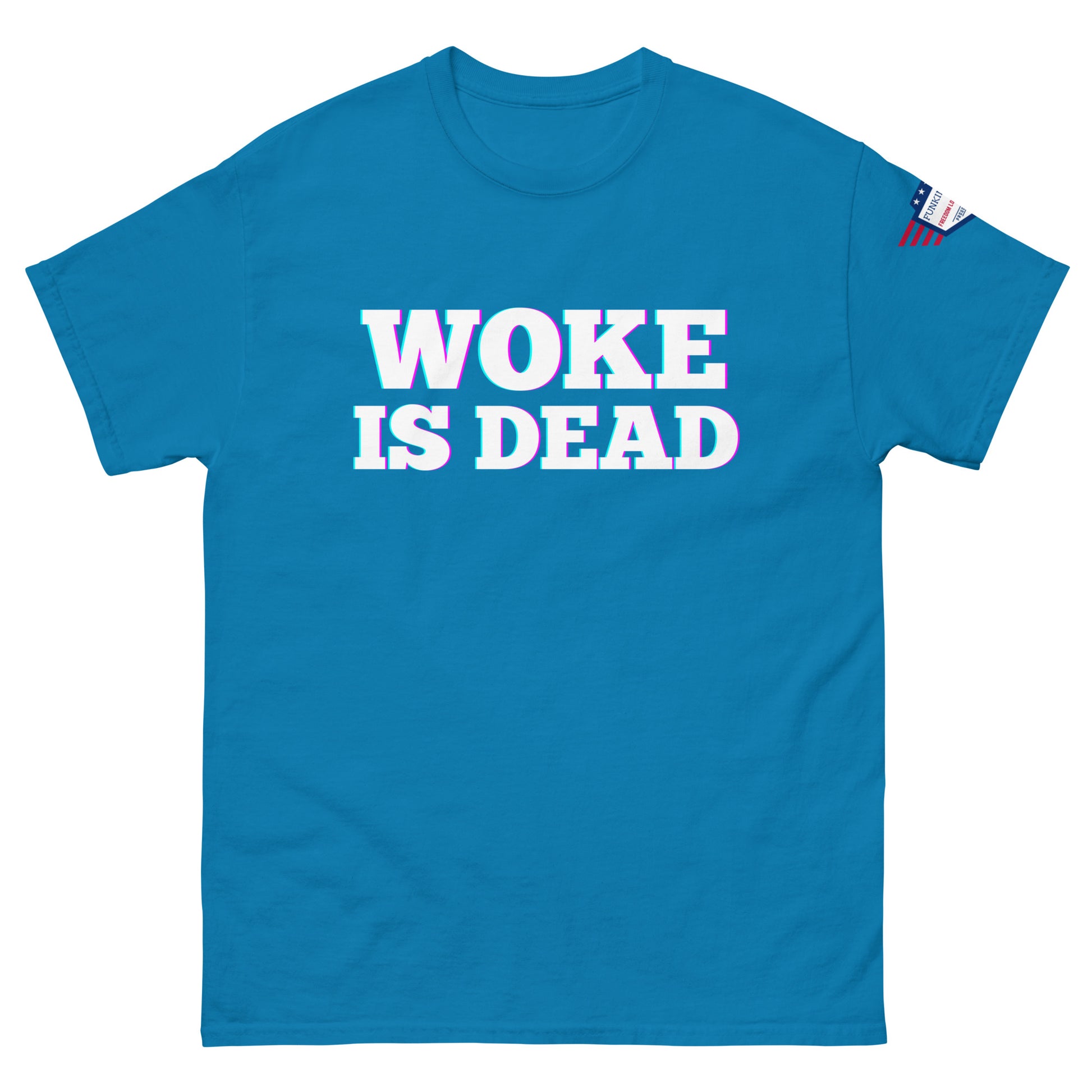 Front view of royal blue "WOKE IS DEAD" tee, bright white bold text and American flag sleeve patch