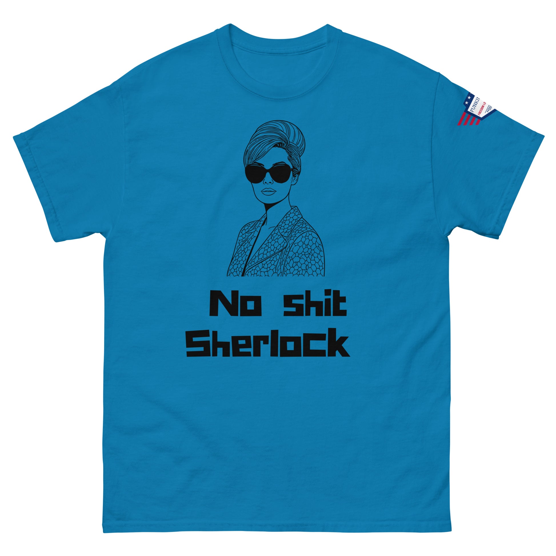 Front view of turquoise unisex t-shirt with edgy black "No shit Sherlock" text and retro shaded lady drawing, USA flag on sleeve