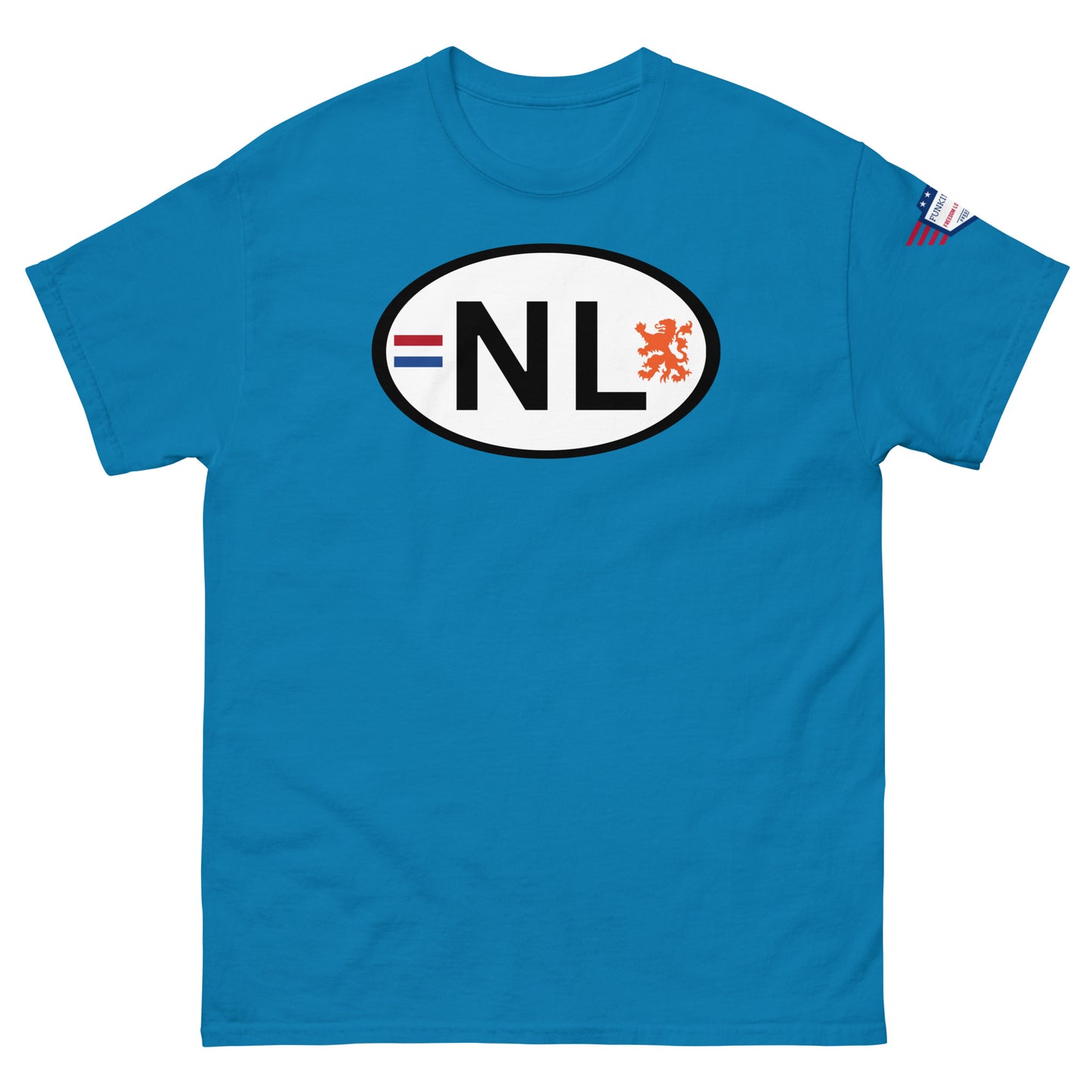 Front view of turquoise unisex classic tee showing centered white oval "NL" plate with tricolor NL and orange lion