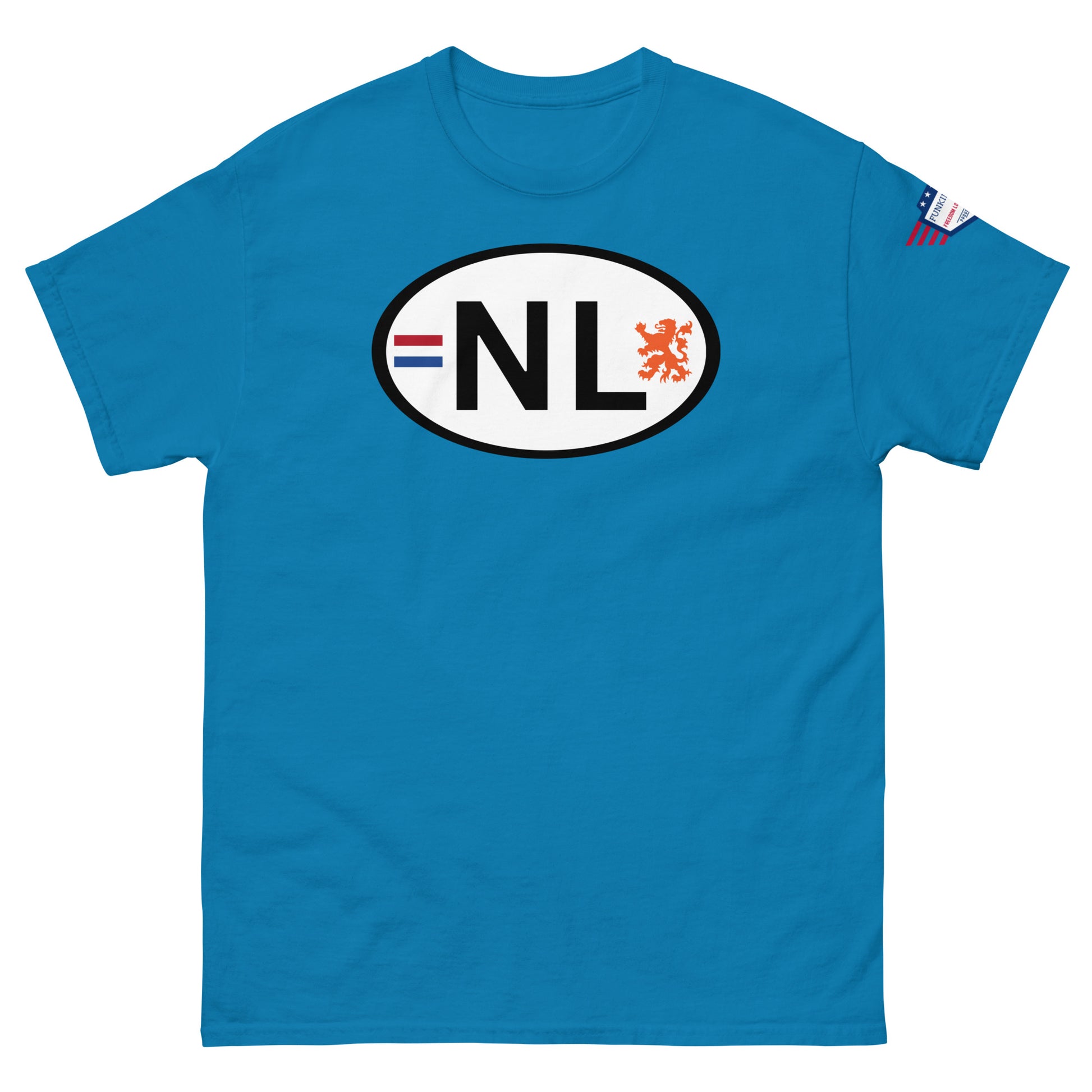 Front view of turquoise unisex classic tee showing centered white oval "NL" plate with tricolor NL and orange lion