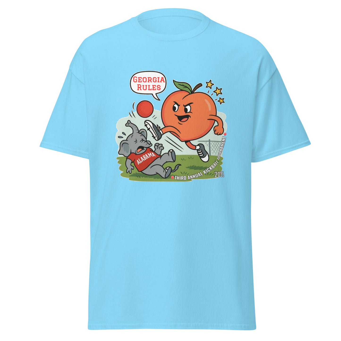 Front view of light blue classic tee featuring sassy Georgia peach kicking Alabama elephant, "Georgia Rules"