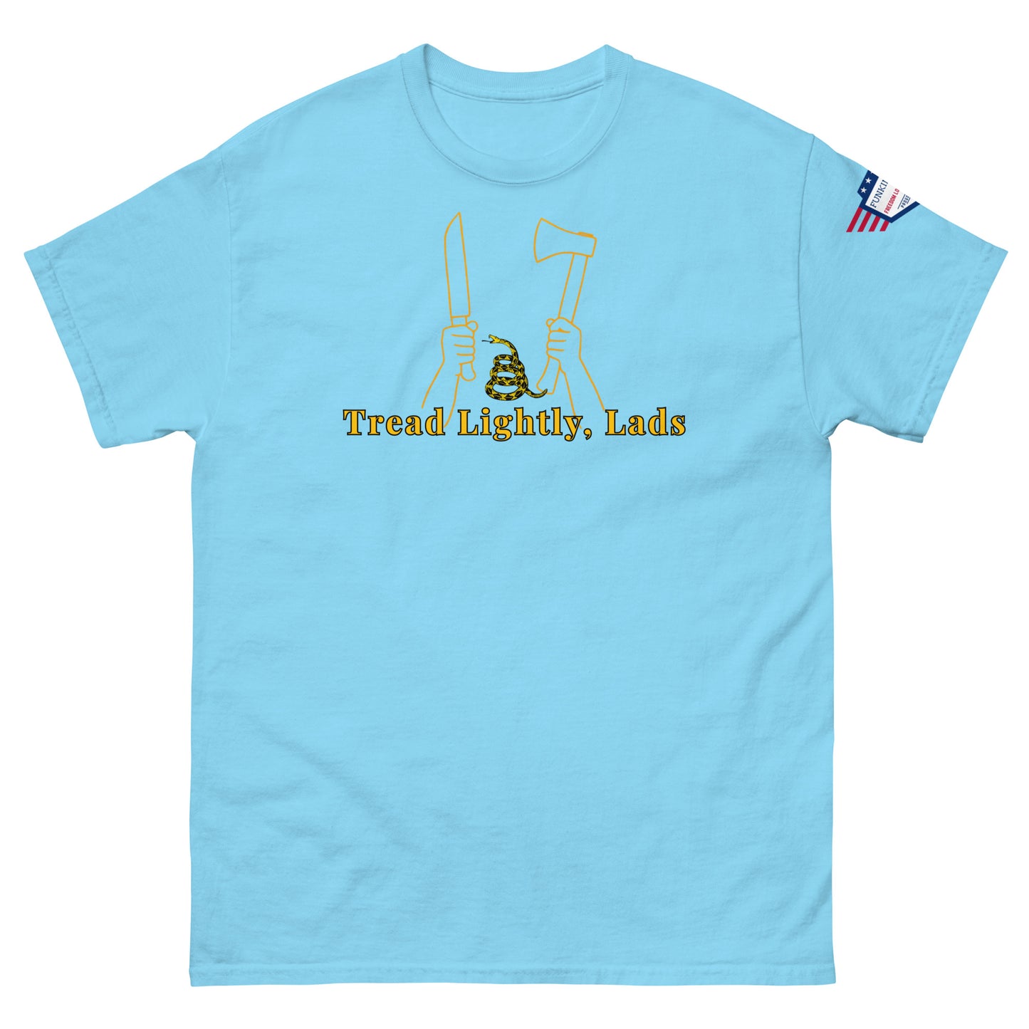 Front view light blue unisex tee with yellow "Tread Lightly, Lads" print, hands gripping knife & axe around coiled snake, US flag sleeve patch