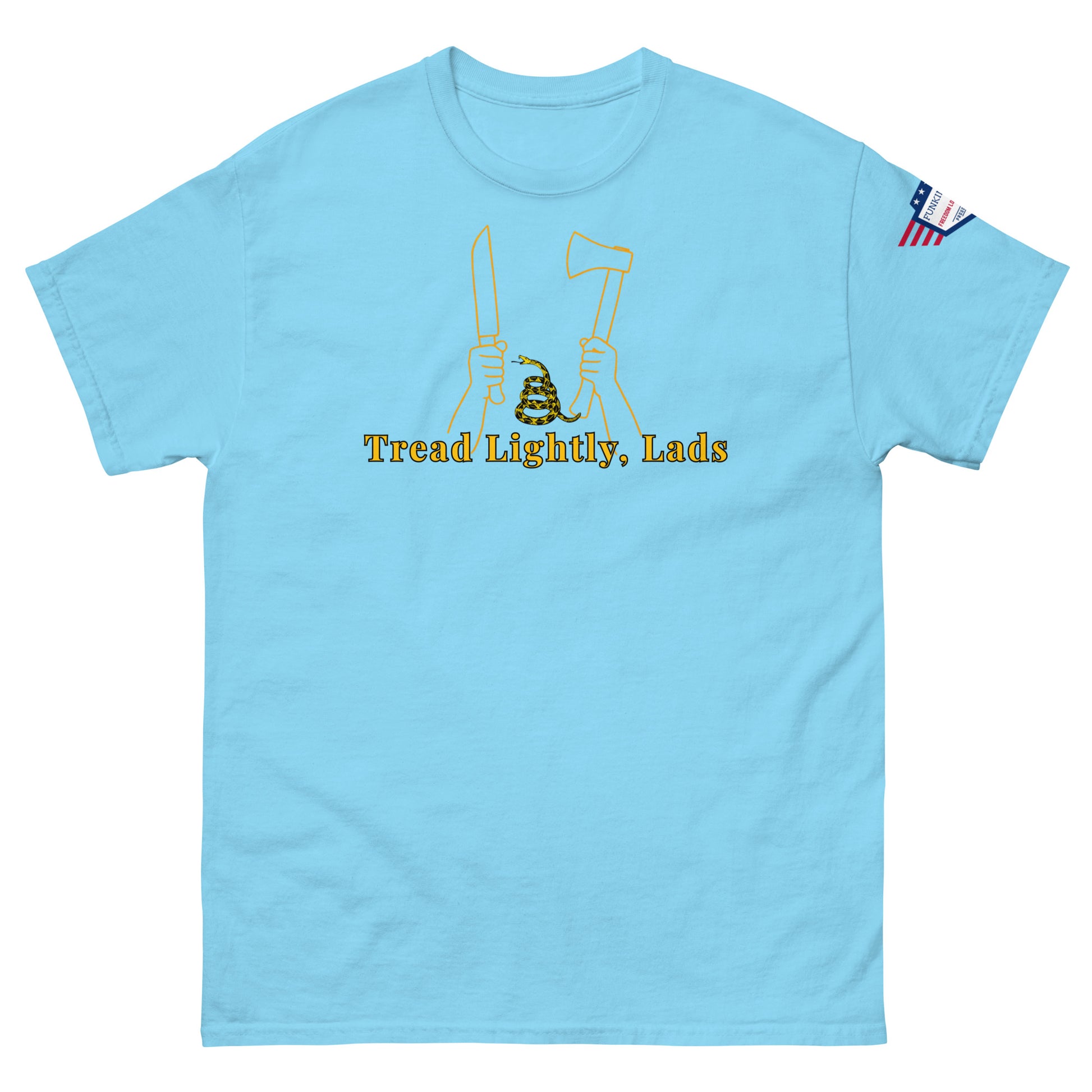 Front view light blue unisex tee with yellow "Tread Lightly, Lads" print, hands gripping knife & axe around coiled snake, US flag sleeve patch